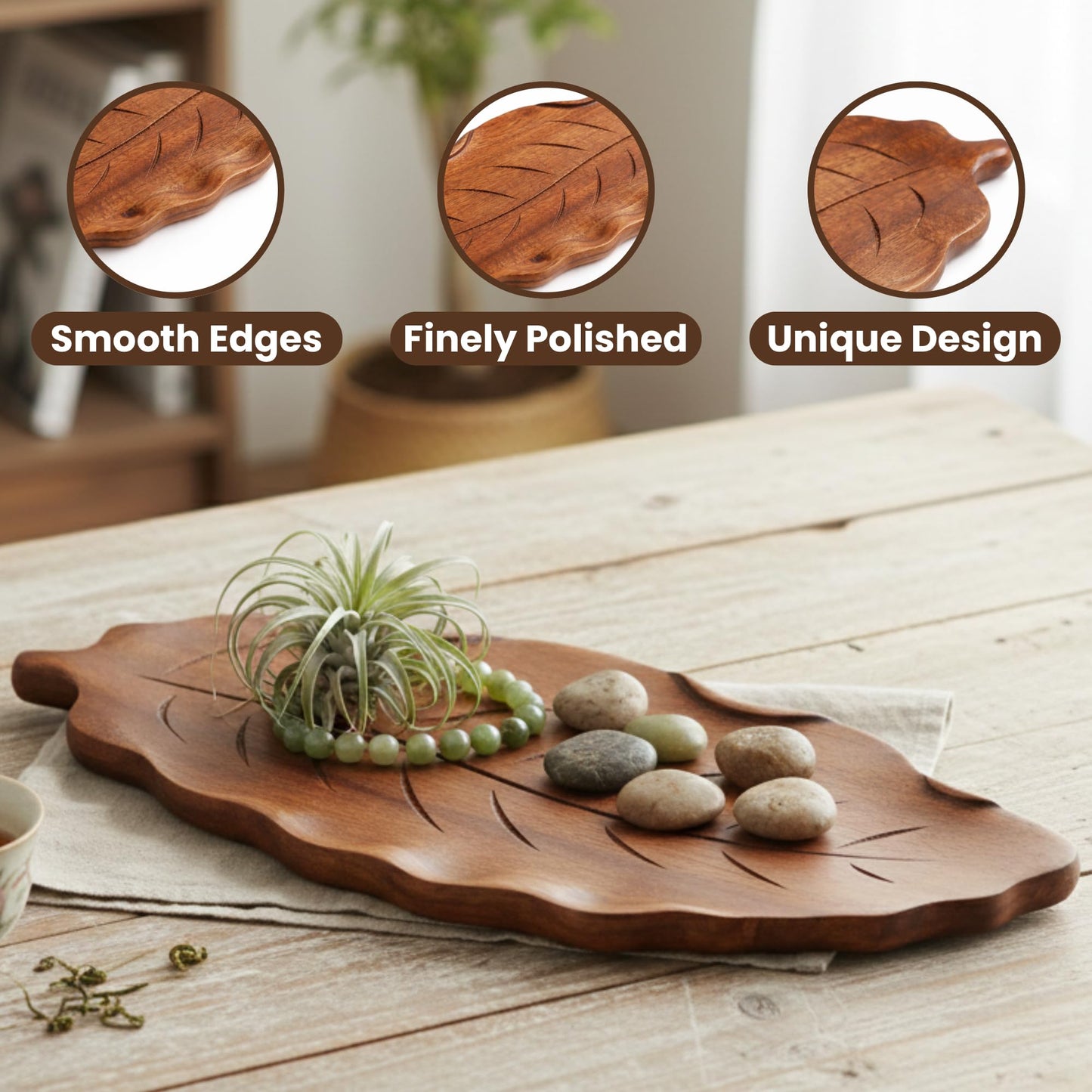 Acacia Wood Leaf Tray - 14" Decorative Tray for Candles, Perfume, Leaf Wooden Jewelry Tray Trinket Dish - Farmhouse Table Centerpiece - Wooden Trays for Coffee Table Wedding Home Decor