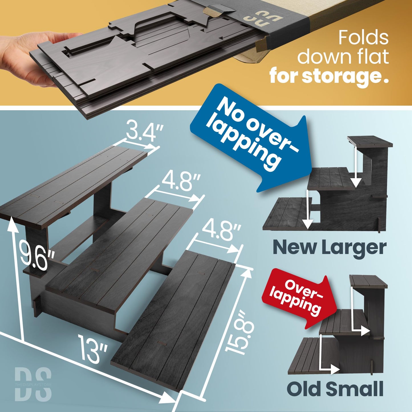 DS The Display Store Straight Black Wooden Tiered Stand, Portable Products Shelf, Jewelry and Card Rack, Risers, Altar Shelf, Stand for Vendor Events