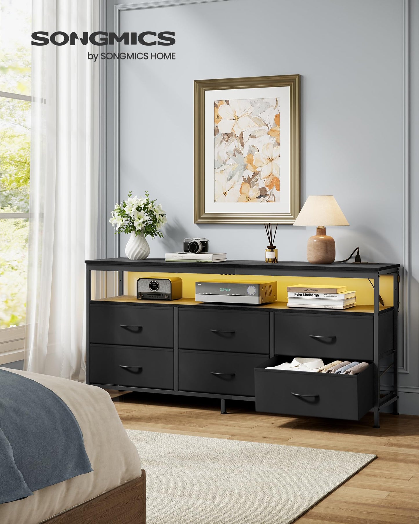SONGMICS BELLAH Collection - Dresser for Bedroom, Chest of Drawers, TV Stand for TVs Up to 65 Inches, Living Room, Closet, 6 Drawers and 1 Shelf, Modern, Ink Black ULGS834BH02S