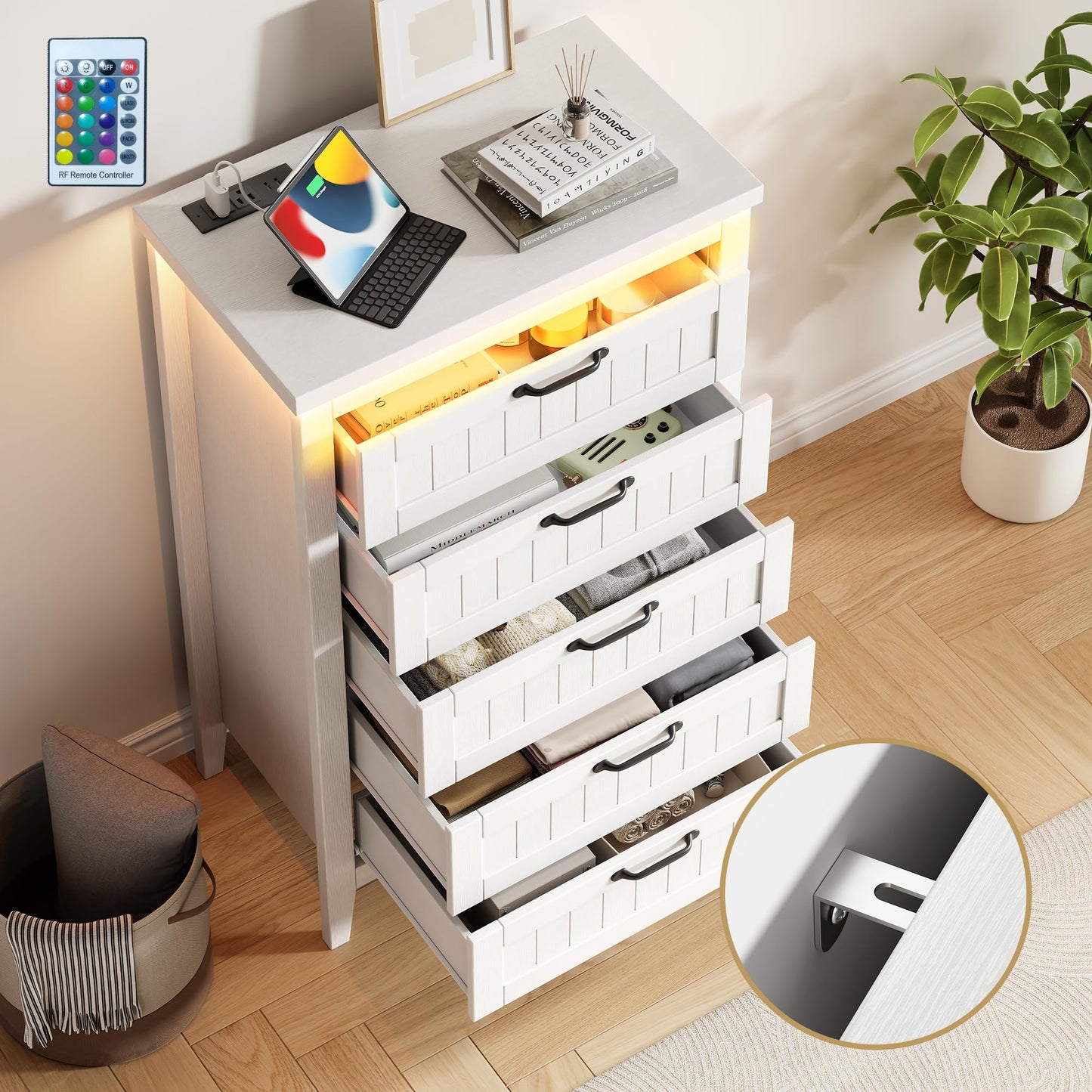GarveeHome Farmhouse Tall 5 Drawer Dresser with Charging Station & LED Lights, Slim Wooden Bedroom Dresser, Rustic Chest of Drawers Clothes Storage Organizer for Closet Dorm Apartments, White