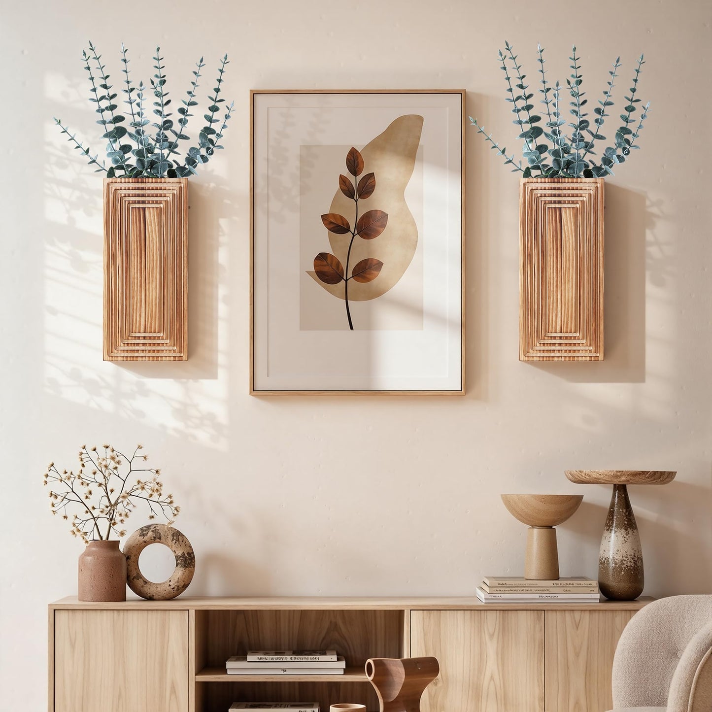 FancyPlus Wooden Wall Planter Vase, 2 Pack Brown Wood Hanging Vases with Fake Eucalyptus for Indoor Modern Boho Farmhouse Wall Art Decor for Home Indoor Kitchen Modern Farmhouse Bathroom
