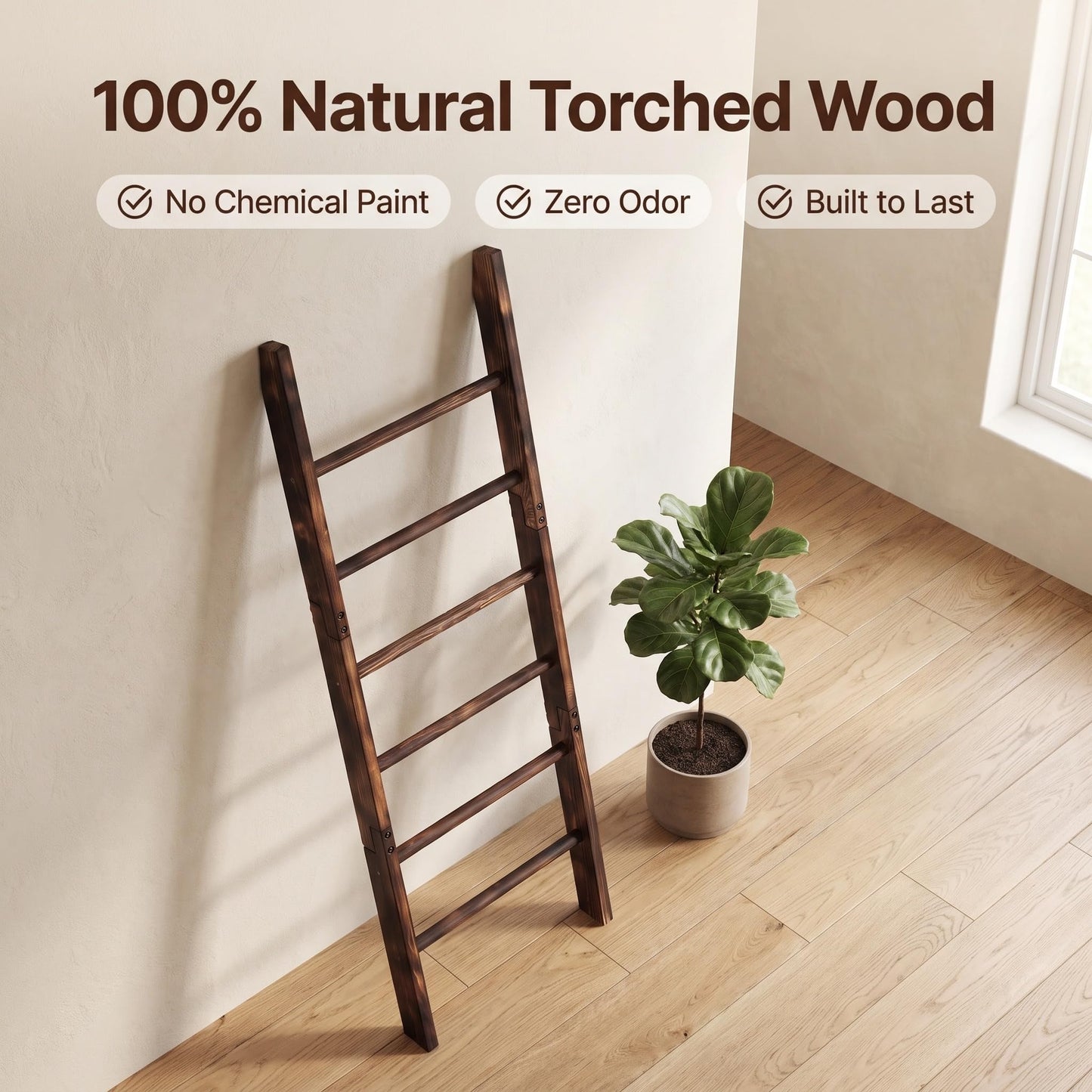 Carbonized Farmhouse Blanket Ladder, 6-Tier Rustic Wooden Rack