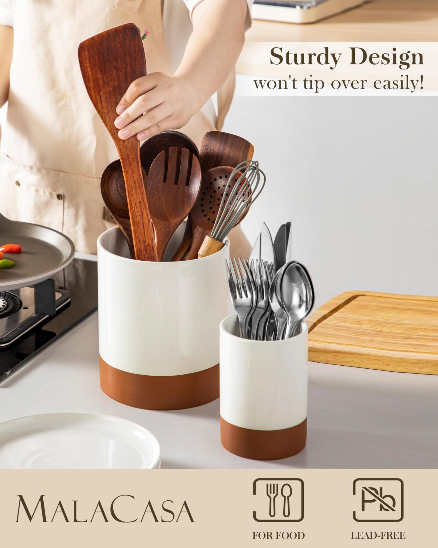 MALACASA Utensil Holder, 7.3"+5.5" Ceramic Kitchen Utensil Holder for Countertop, Large Cooking Utensil Crocks for Kitchen Counter, Farmhouse Utensils Organizer, Set of 2, Khaki White, Series TARA