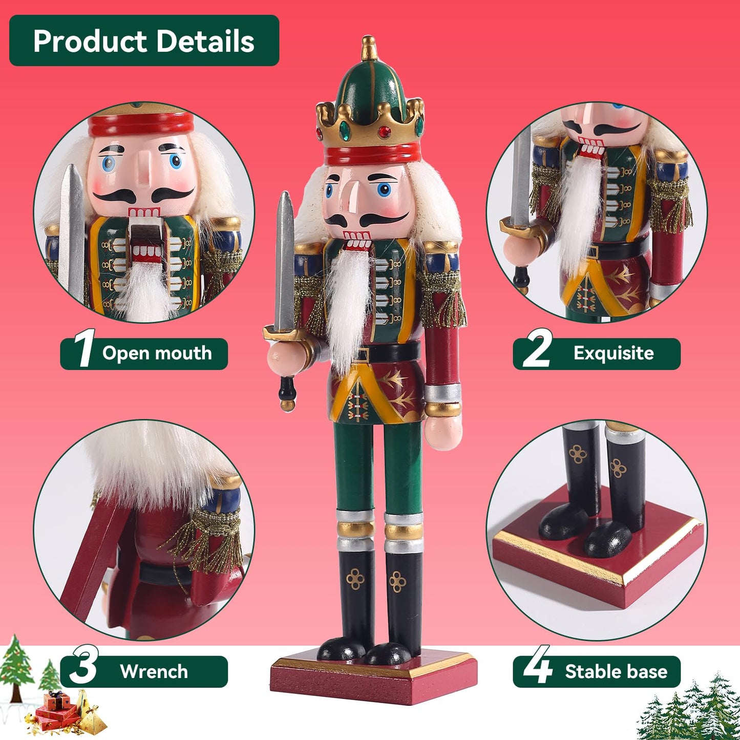 KoolShare 12-Inch Christmas Nutcracker Figurines, Set of 2 Traditional Wooden King & Soldier with Sword & Spear, Handcrafted Standing Holiday Decorations for Fireplace, Shelf, or Tabletop Display