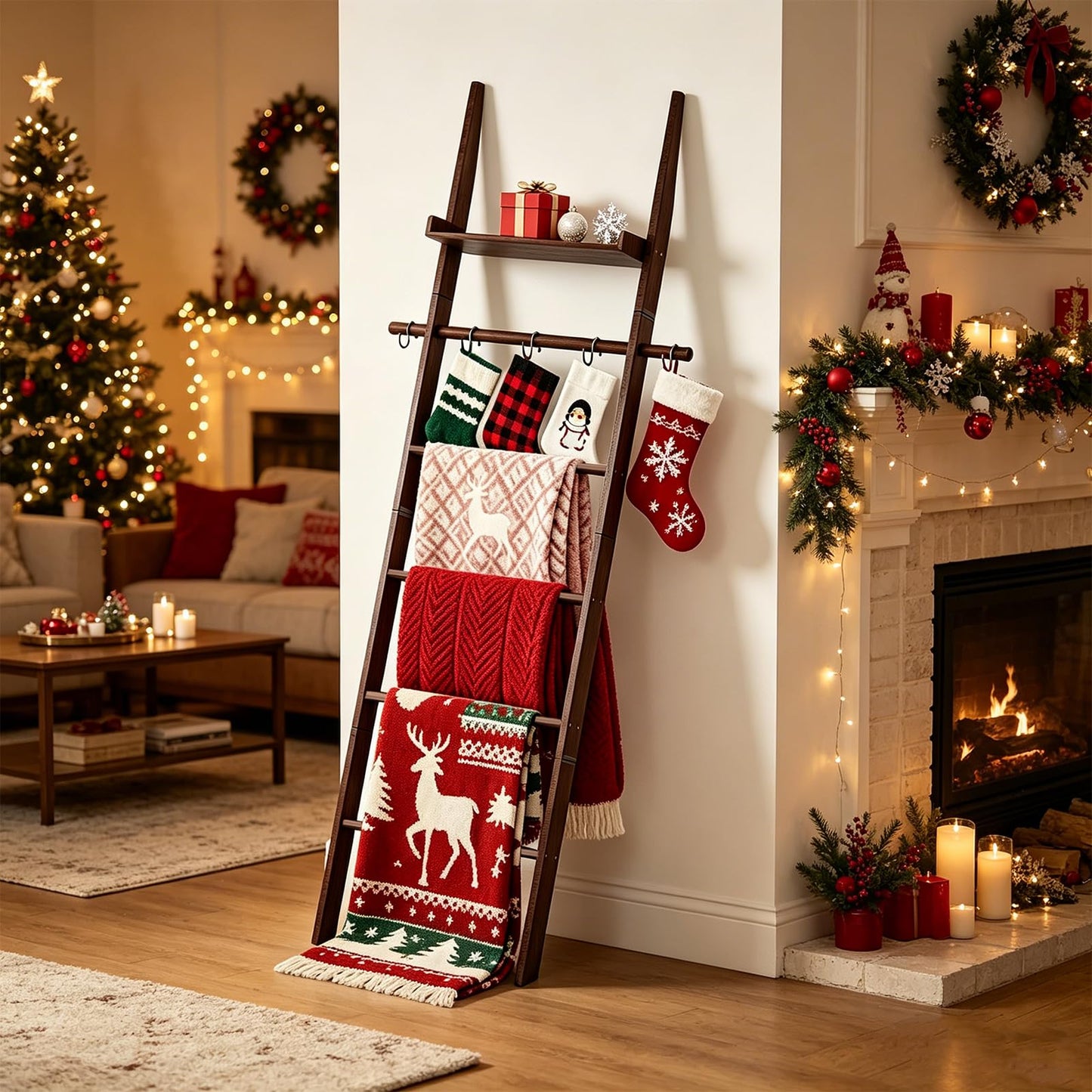 Chilinii Farmhouse Wooden Blanket Ladder with Shelf,6-Tier Rustic Quilt Towel Rack Decorative Holder Wall Leaning Storage with Removable Hooks for Home Living Room Bedroom Decor Brown