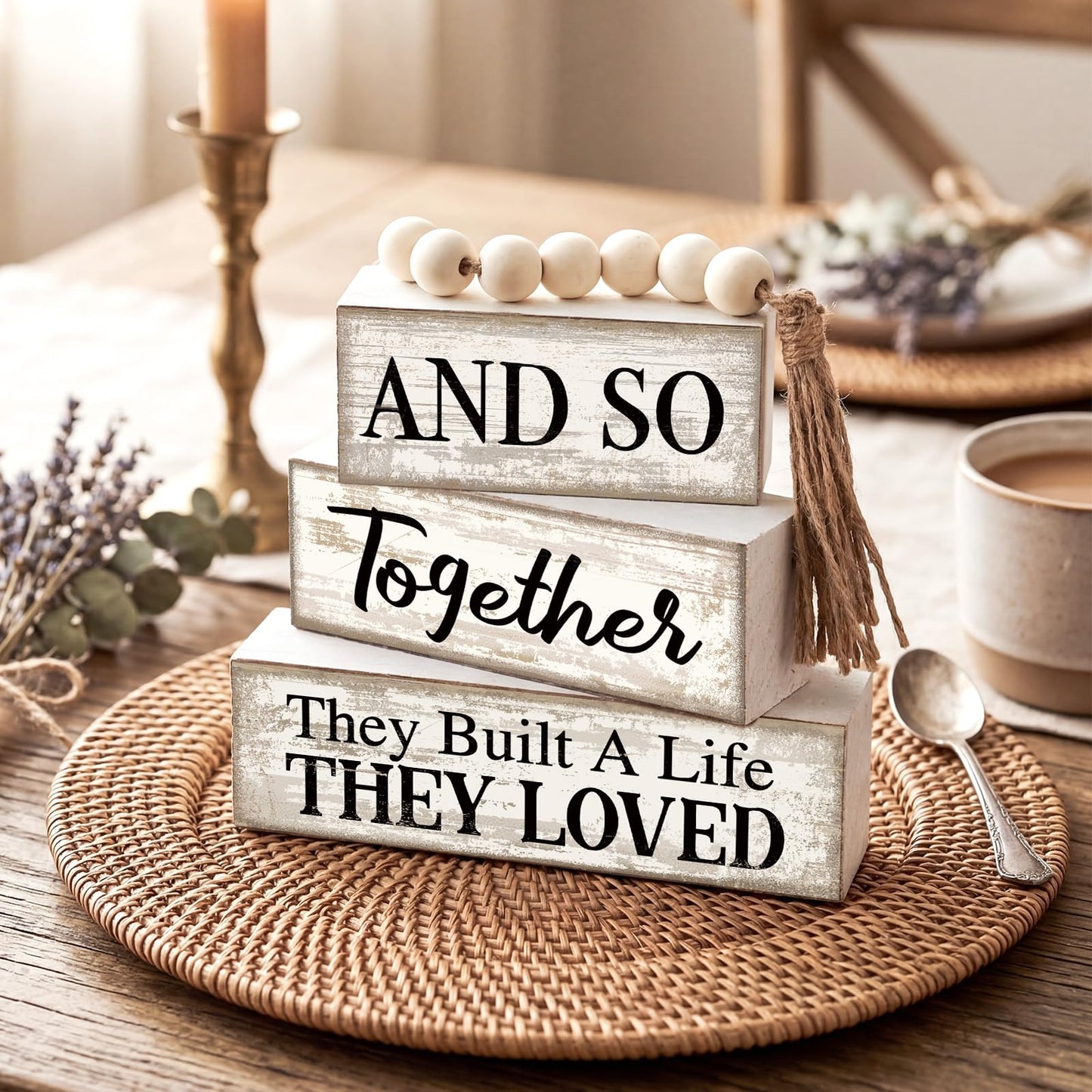 4 Pcs Farmhouse Home Decoration Wooden Tabletop and So Together They Built a Life They Loved Decor Motivational Tiered Tray Decor Rustic Block Sign Retro Bead Garland Table Centerpiece for Shelf Desk