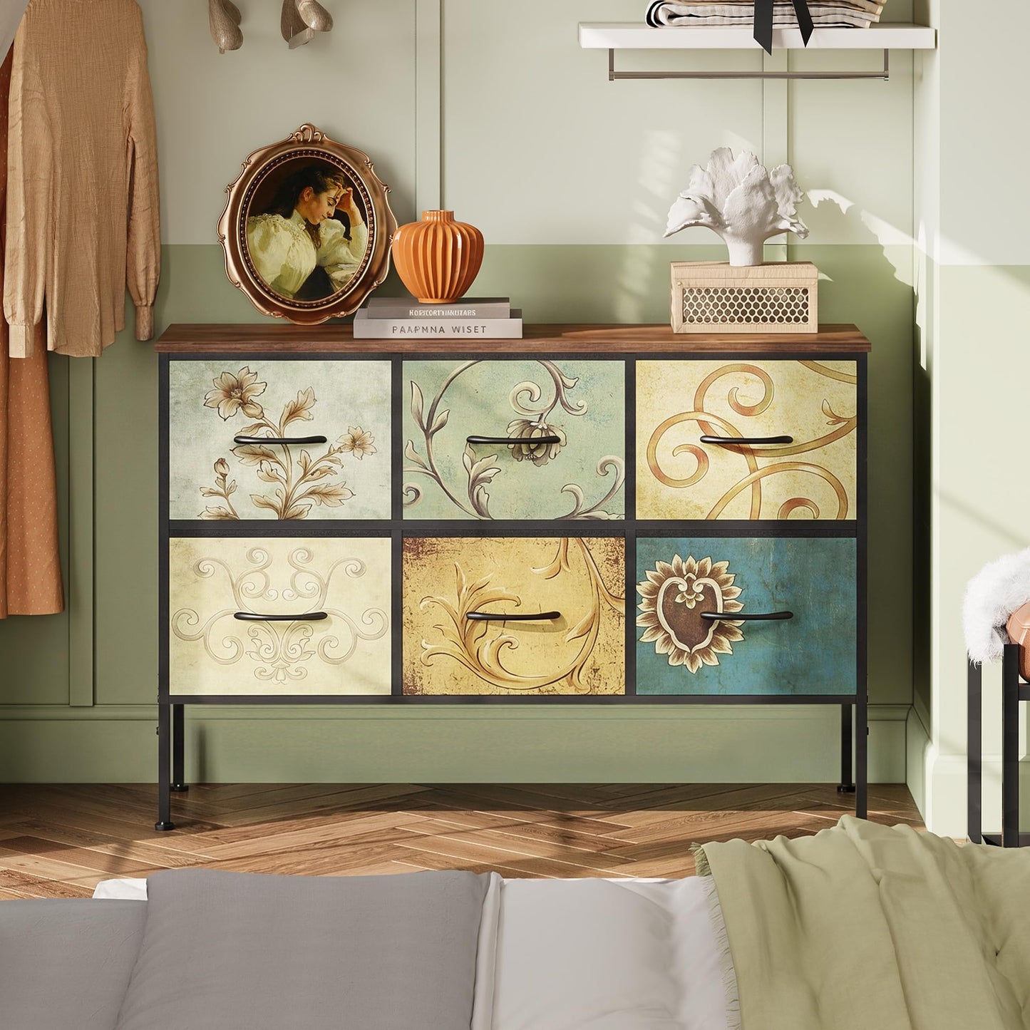 WLIVE Dresser for Bedroom with 6 Fabric Drawers, Closet Dresser with Metal Frame, Wooden Top, Chest of Drawers for Closet, Floral Painted