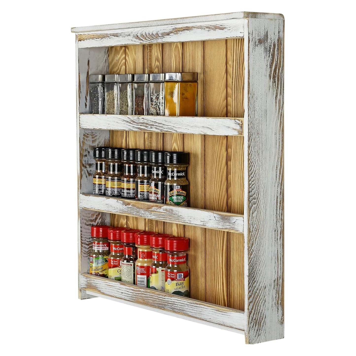 MyGift 3 Tier Spice Rack Wall Mount, Hanging Kitchen Pantry Storage Shelf for Seasoning Jars or Condiment Bottles, Shabby White Washed and Rustic Natural Burnt Solid Wood