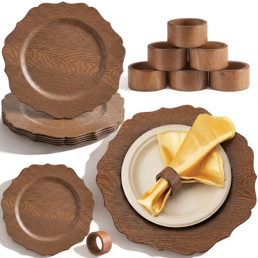 Havawish 6 Set 13" Rustic Brown Wooden Textured Acrylic Charger Plates with Handmade Acacia Wood Napkin Ring, Farmhouse Round Charger with Scalloped Rim for Dining Weddings Party Table Decor