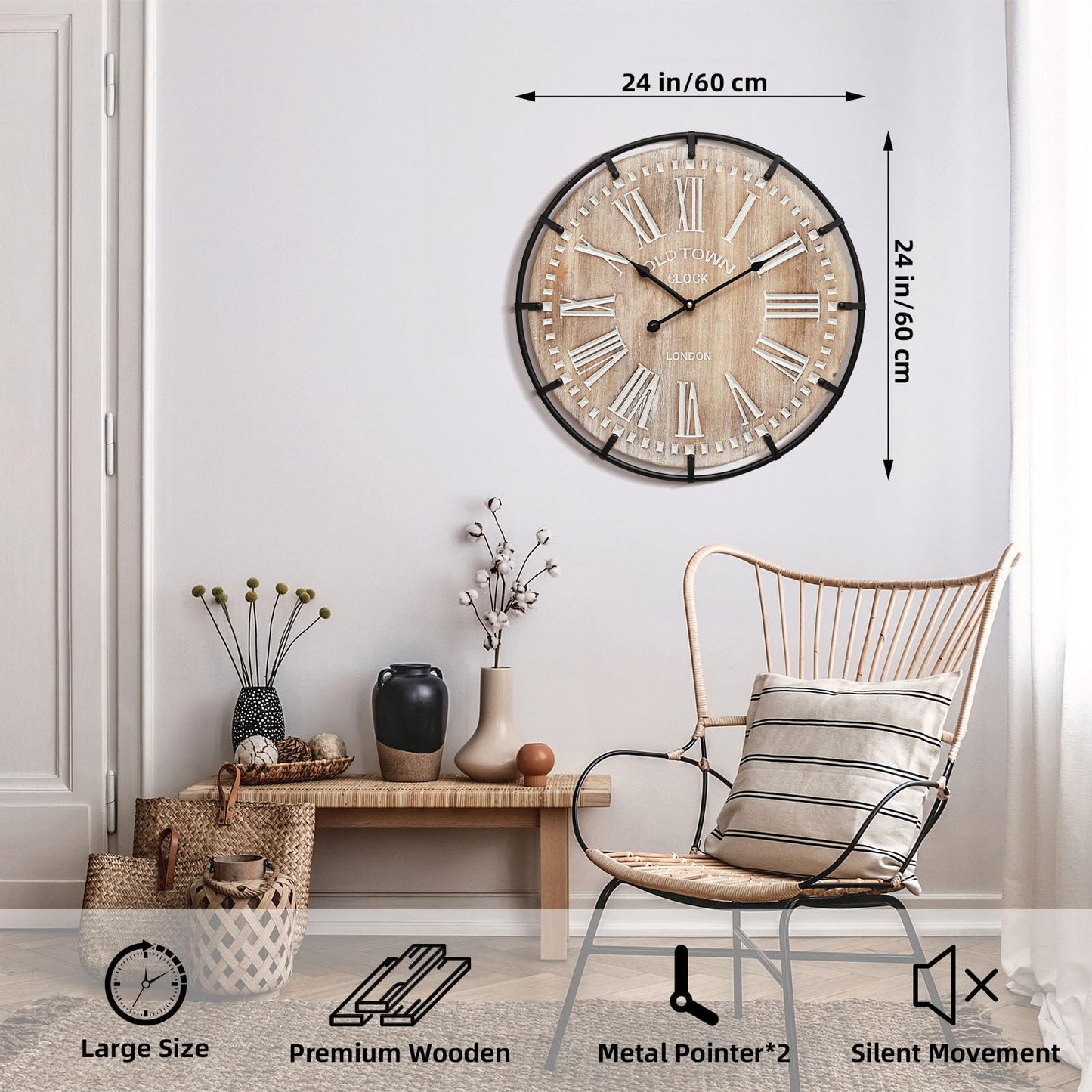 MODE HOME 24 Inch Large Farmhouse Wall Clock,Rustic Wooden Wall Clock Decorative with Metal Circle and Engraved Numerals, Silent Battery Operated for Kitchen Bedroom Living Room Fireplace Mantel