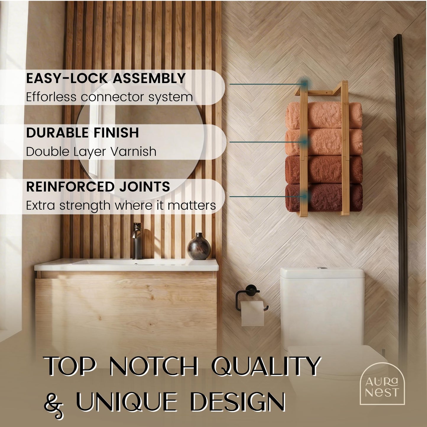 Aura Nest Bamboo Towel Racks - Vertical Wood Towel Rack Bamboo Bathroom Accessories, Storage, Wall Towel Rack for Rolled Towels for Bathroom Furniture, Spa Furniture and Decor