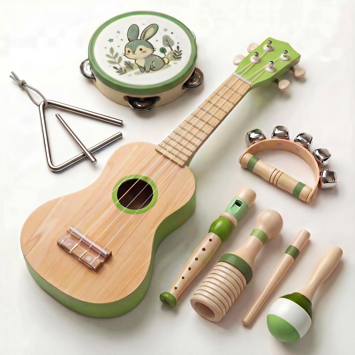 Raimy Kids Guitar Set, 7 in 1 Wooden Musical Instruments for Toddlers 3+ Montessori Music Toys Set with Ukulele/Tambourine/Hand Bell/Clarinet/Guiro/Maraca for Boys Girls Birthday Gift (Green)