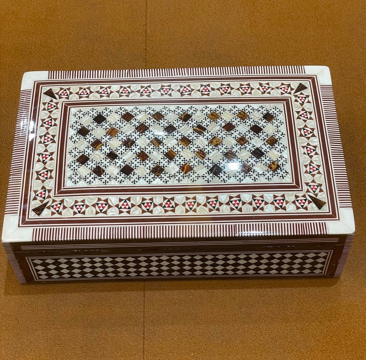 FAMA.store Handmade Egyptian Jewelry Box – Mother of Pearl Inlay – Decorative Wooden Trinket Box for Women Oriental Keepsake Storage Organizer (8" X 5" x 2.2"inch M02)