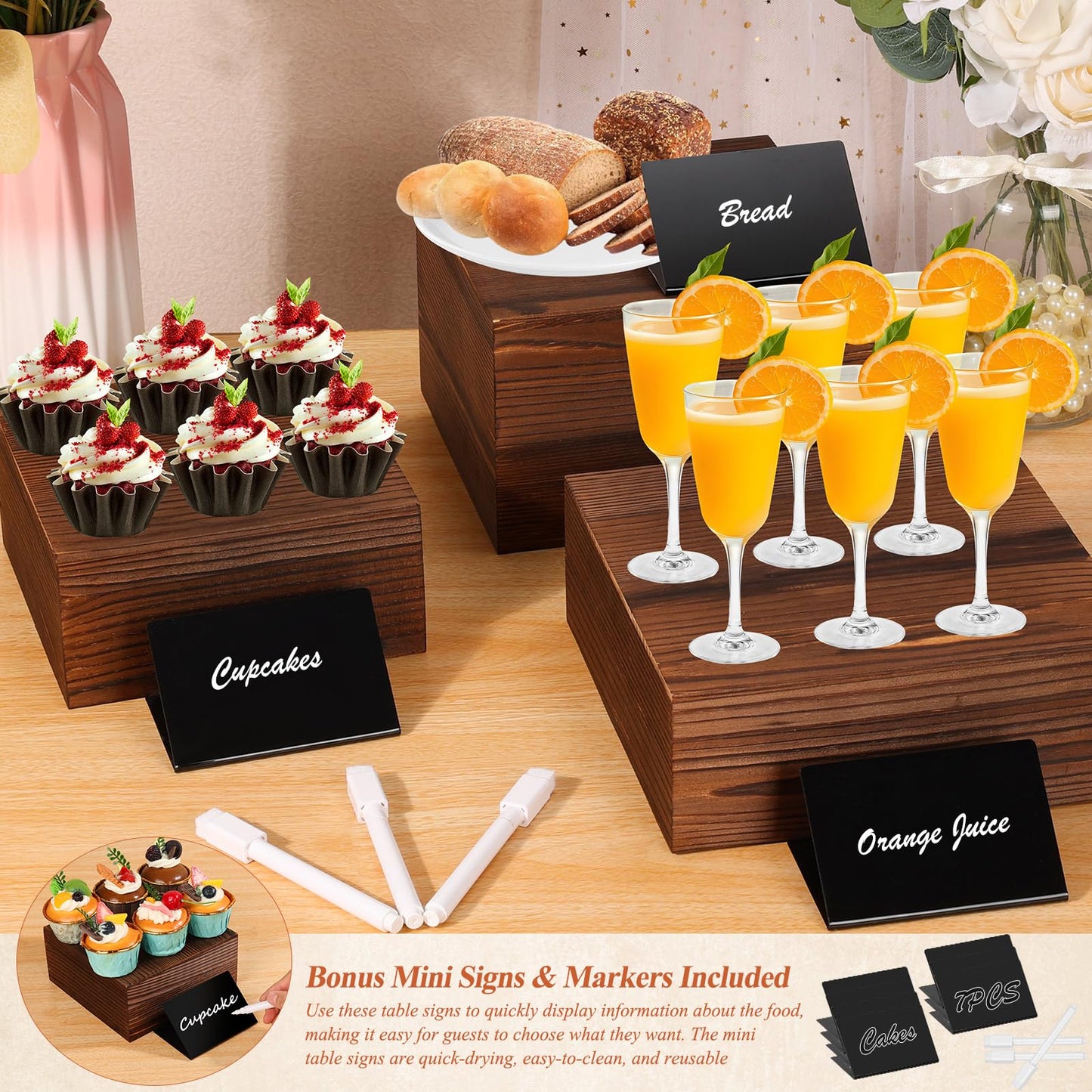 Qinzave 7 Pack Wooden Risers Display Stands with Acrylic Maker Pen and Mini Sign, Food Risers for Buffet Table Shelf Display Stand for Party Catering Dessert Cupcake Jewelry