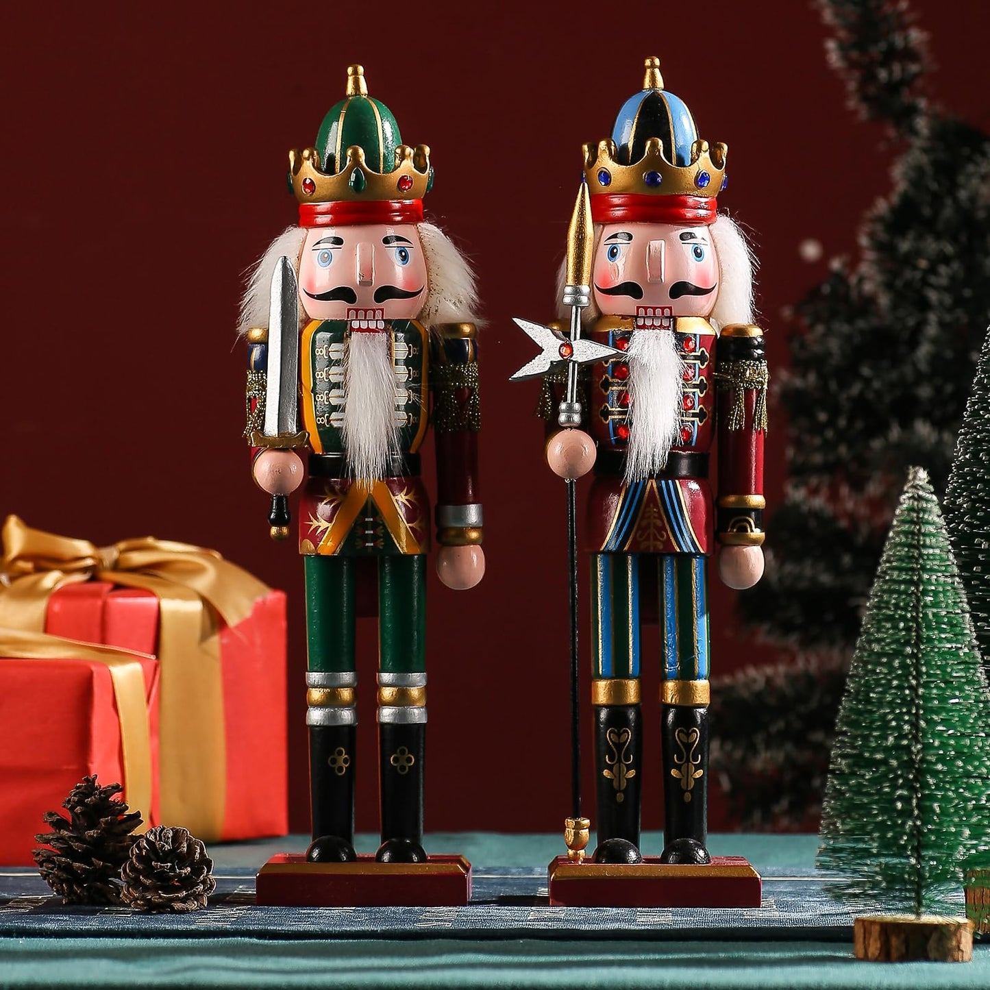 KoolShare 12-Inch Christmas Nutcracker Figurines, Set of 2 Traditional Wooden King & Soldier with Sword & Spear, Handcrafted Standing Holiday Decorations for Fireplace, Shelf, or Tabletop Display