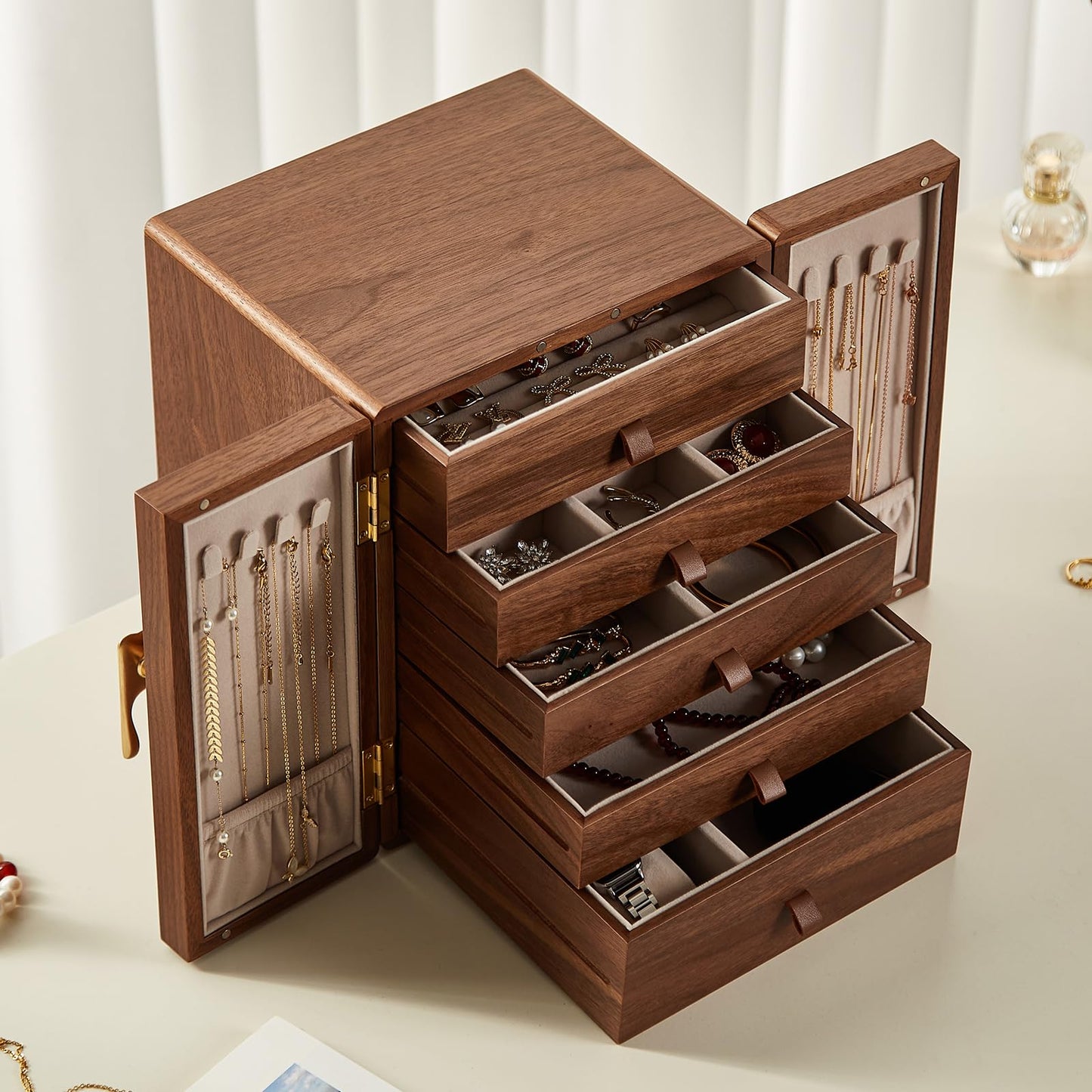 Homruilink Wooden Jewelry Box 5 Layer Black Walnut Large Jewelry Organizer with Brass Handle for Necklaces Rings Earrings Watches Storage, Fathers Day Gift (7.9x8.7x10.0inches)