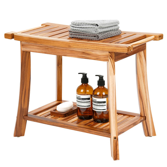 Jekruiet 24" Solid Teak Shower Bench with Towel Bar & Storage Shelf - Waterproof Bath Stool with Fixed Non-Slip Feet, 300lbs Capacity