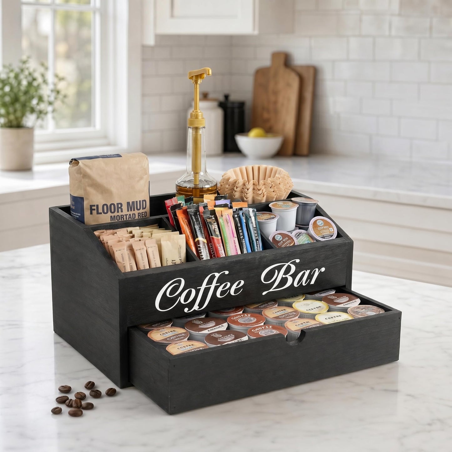 SHAXIXI Coffee Station Organizer - Double Layer with Drawers, Country Style Coffee Bar Organizer, Farmhouse Coffee Capsule Storage Basket, Natural Solid Wood Material(Black Double Layer)