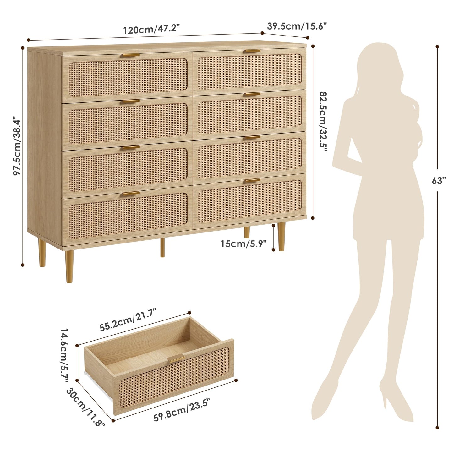 GarveeHome Rattan 8 Drawer Dressers for Bedroom, Tall Dresser with Deep Drawers, Large Chest of Drawers for Closet with Wide Top, Long Wooden Dresser for Living Room, Hallway, Kids Room, Natural