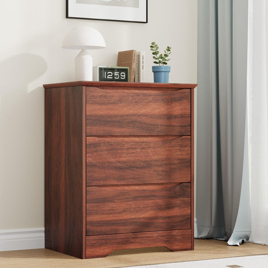 Garvee Wooden Dresser with 3 Drawers, Tall Modern Closet with Deep Storage, Large Chest of Drawers with Wide Top, Long Storage Dresser for Bedroom, Living Room, Hallway, Kids Room, Red Walnut
