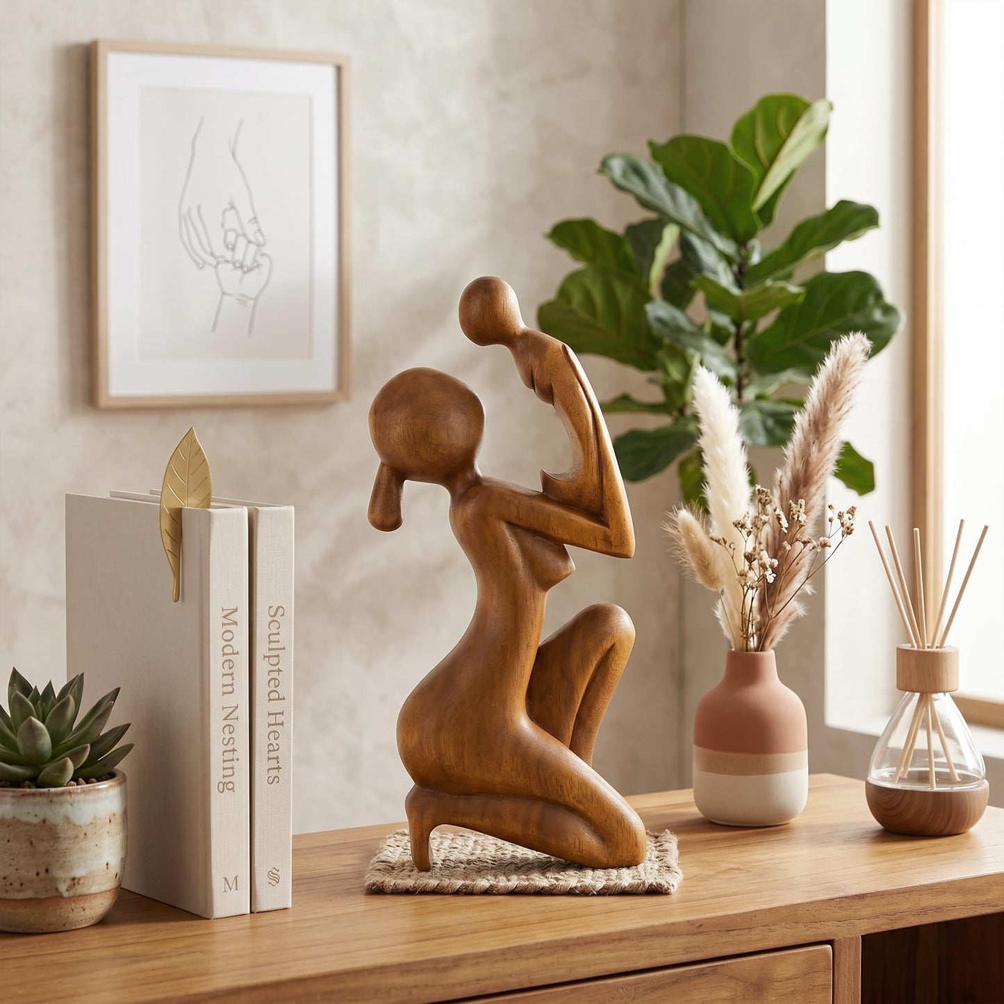 G6 Collection Wooden Handmade Abstract Mother and Child Sculpture Handcrafted Gift Art Decorative Home Decor Figurine Accent Decoration Artwork Hand Carved, Mother and Baby Statue