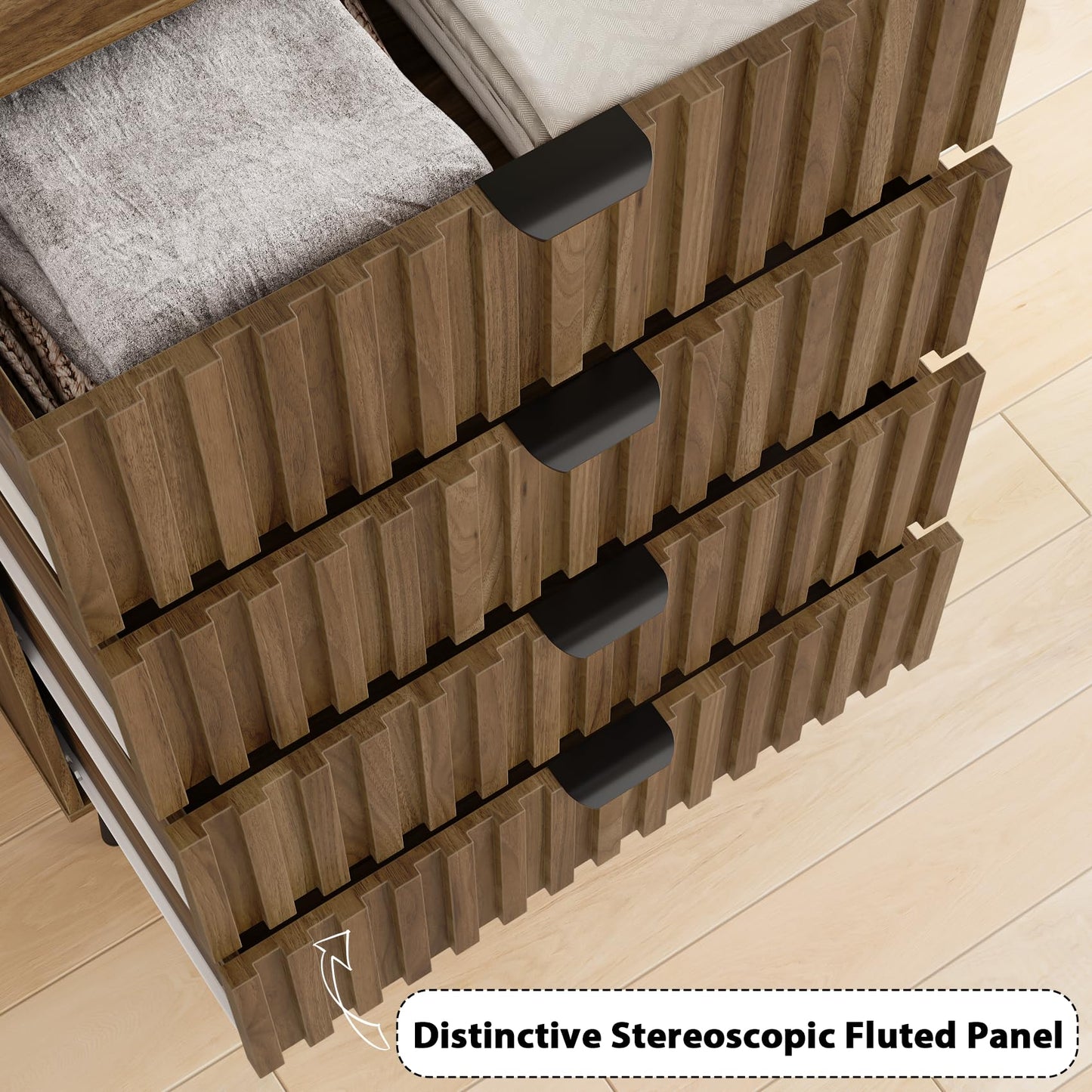 Mino Kesper Walnut Fluted 4 Drawers Dresser for Bedroom, Chest of Drawers with Metal Wide Handle, Wooden Dresser for Closet, Bedroom, Living Room, 23.6" x 14.9"D x 30.7" H