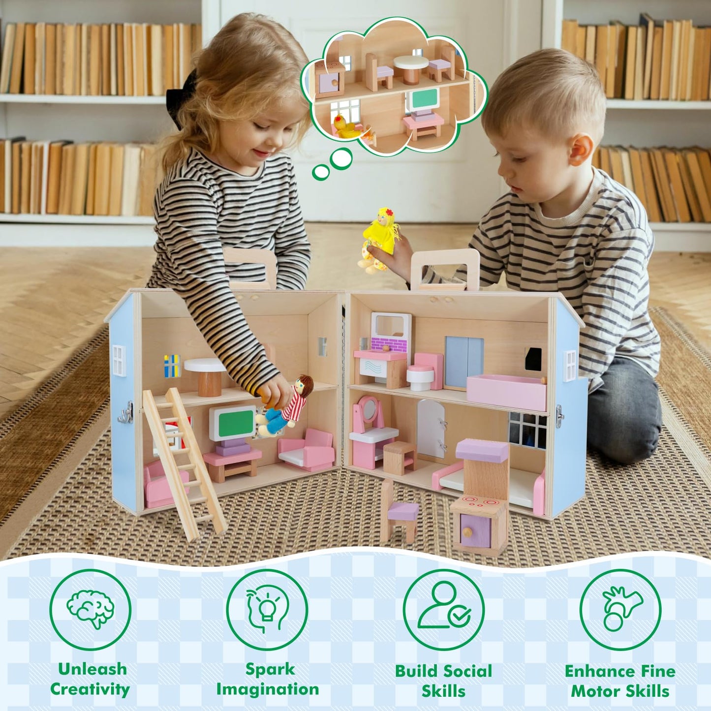 SIMPLIPLAY DIY Portable Wooden Dollhouse, Pretend Play Doll House Set with 4 Rooms, 13 Furnitures, 2 Dolls, 3 Sticker with 2 Styles, 1 Wooden Ladder, Doll House for 3+ Year Old Kids Boys Girls Gift