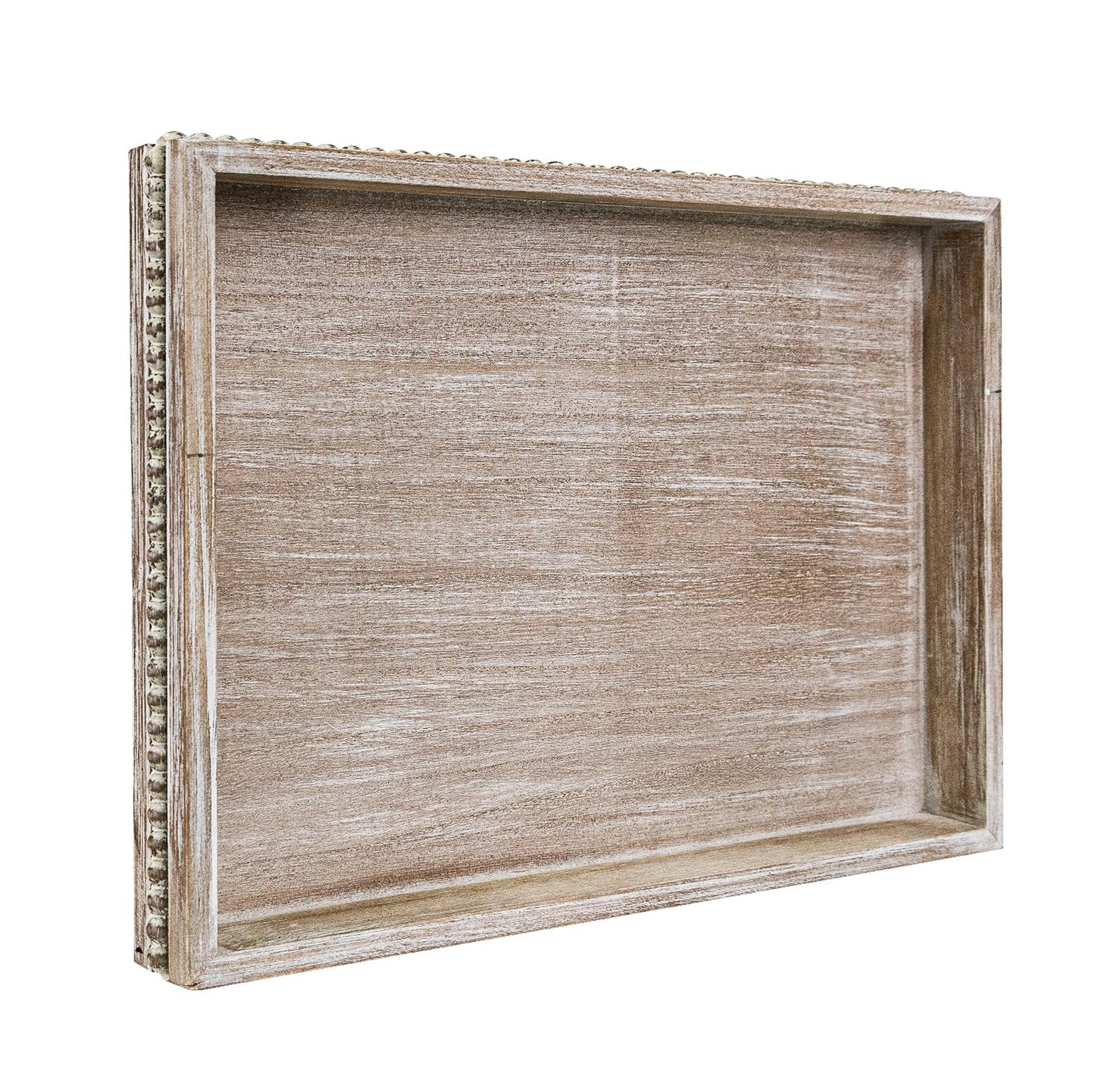 MAONAME Wood Serving Tray, Farmhouse Wooden Tray for Coffee Table, Rustic Rectangle Trays with Beads, Washed White Decorative Trays for Living Room, Kitchen, 15.7" X 11.8" X 1.57"