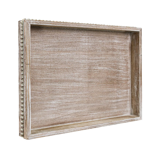 MAONAME Wood Serving Tray, Farmhouse Wooden Tray for Coffee Table, Rustic Rectangle Trays with Beads, Washed White Decorative Trays for Living Room, Kitchen, 15.7" X 11.8" X 1.57"
