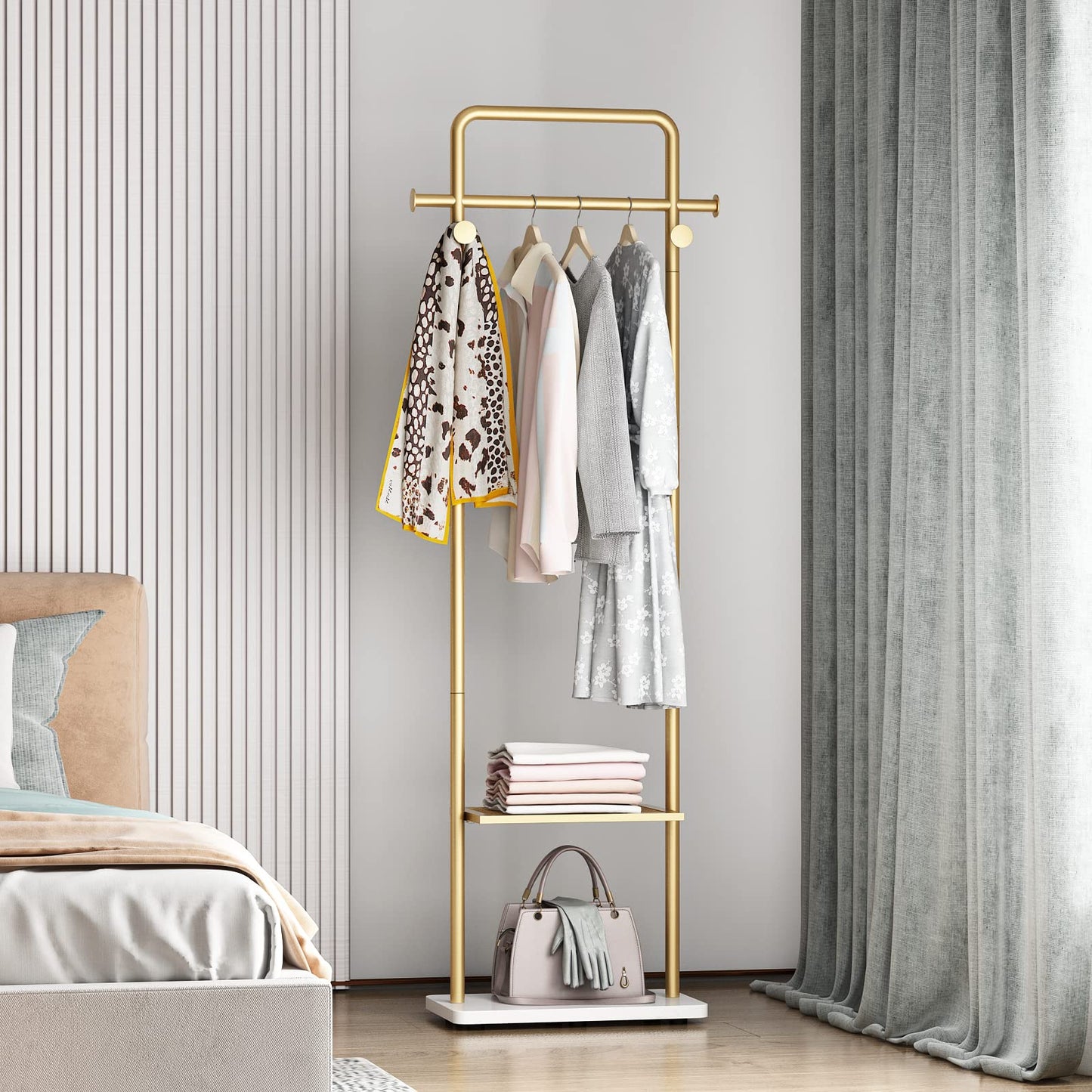 TIEOU Gold Clothes Racks with Shelf, Heavy Duty Gold Clothing Racks for Boutiques, Free-Standing Metal Garment Rack for Hanging Clothes, Modern Coat Rack Entryway(2 tier)