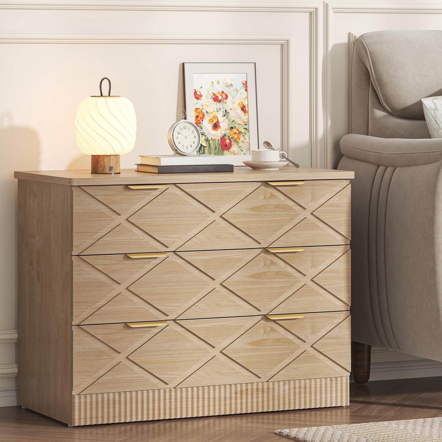 kepptory 32" Wide Nightstand with 3 Storage Drawers, Large Side Table with Carved Diamond Design and Fluted Wave, Wooden Night Stand Bedside End Table, Easy Assembly and Anti-Tipping Device (Natural)
