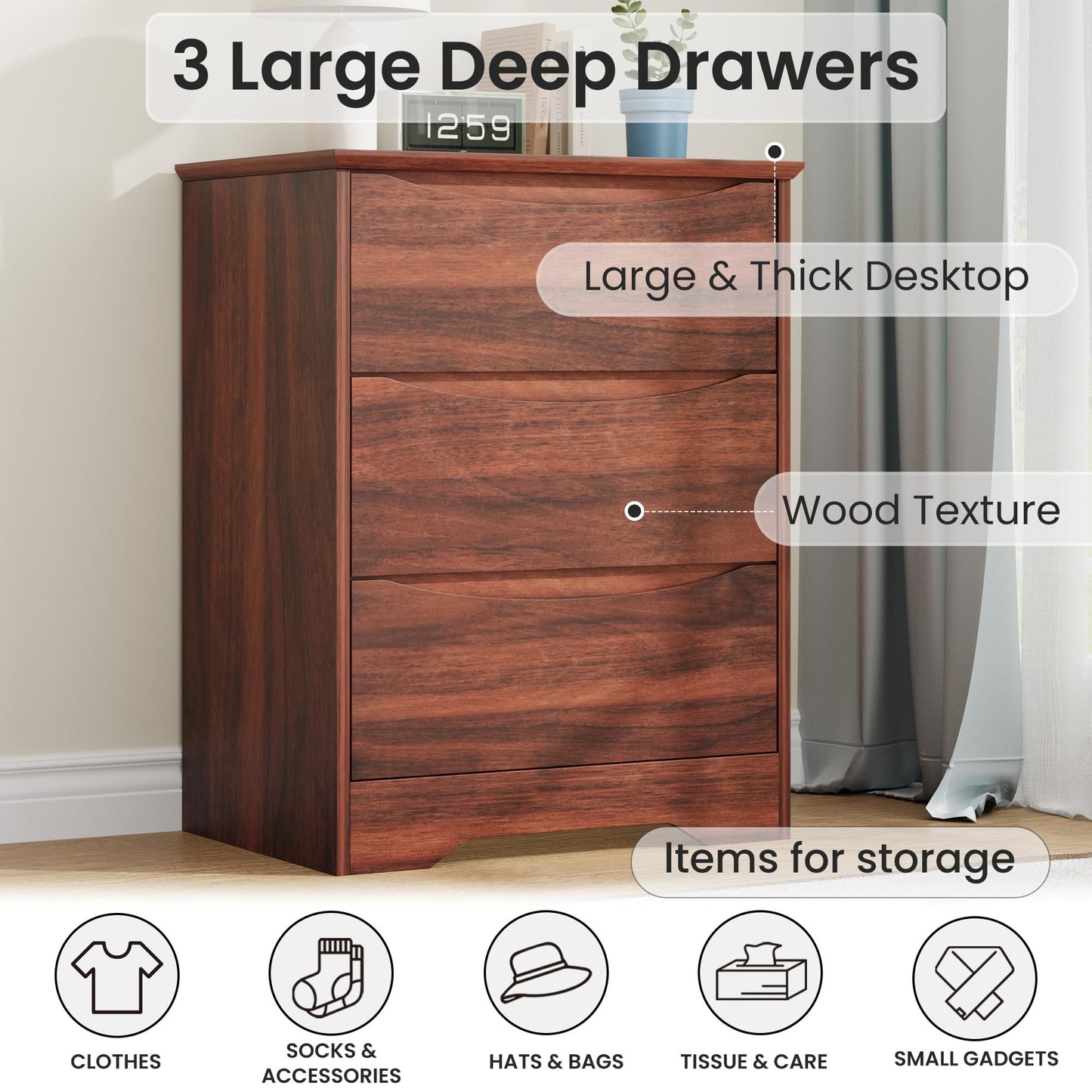 Garvee Wooden Dresser with 3 Drawers, Tall Modern Closet with Deep Storage, Large Chest of Drawers with Wide Top, Long Storage Dresser for Bedroom, Living Room, Hallway, Kids Room, Red Walnut