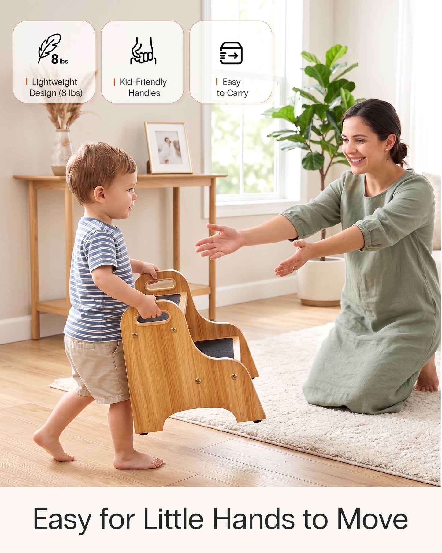 StrongTek 2 Pack Wooden 2 Step Stools, Non-Slip Surface, Skid-Resistant Foot Pads, 350 lb Capacity, Portable with Handles, Sturdy Step Stool for Kitchen, Bathroom, Bedroom and Home Use