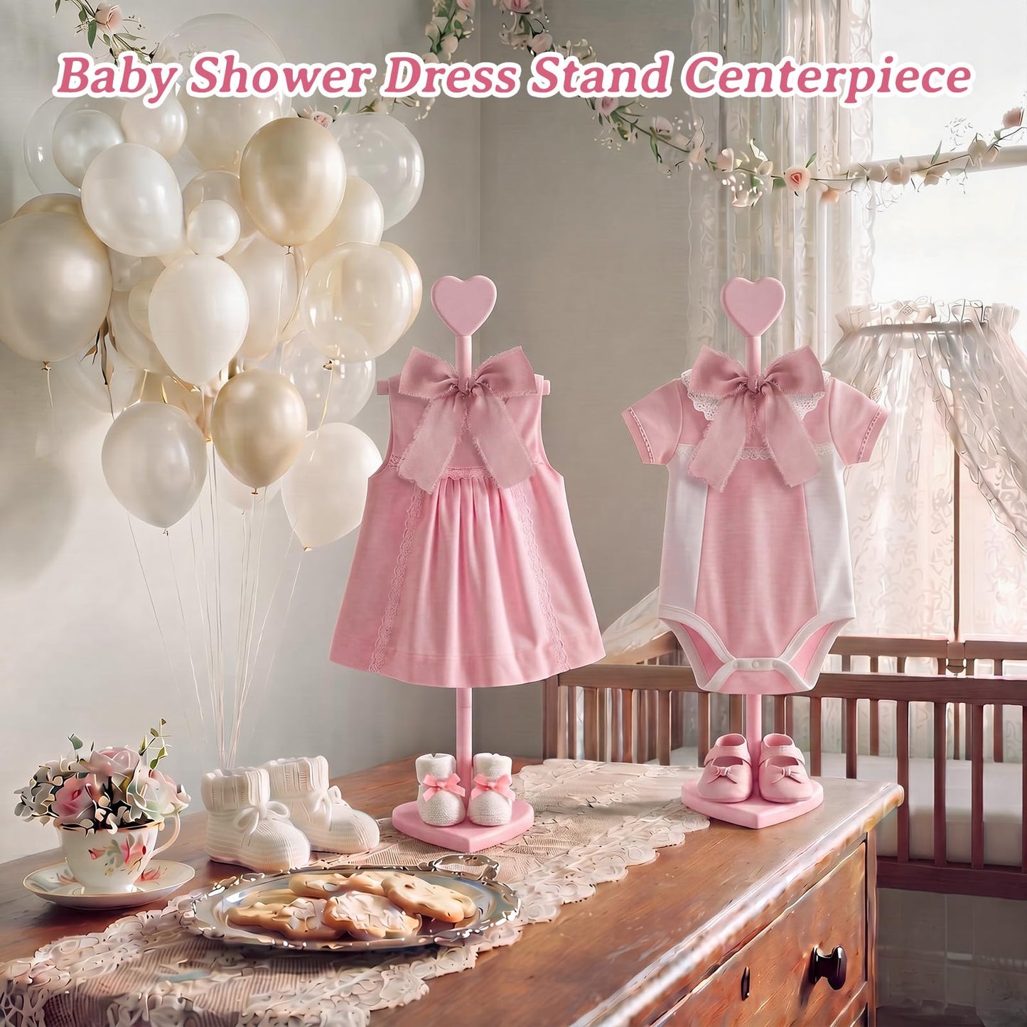 Fuutreo 2 Packs Baby Clothes Display Stands Heart-Topped Baby Shower Centerpiece Babies Clothes Rack with Bow Wooden Adjustable Outfit Hangers Display for Layette Dress, Hand Assembled (Pink)