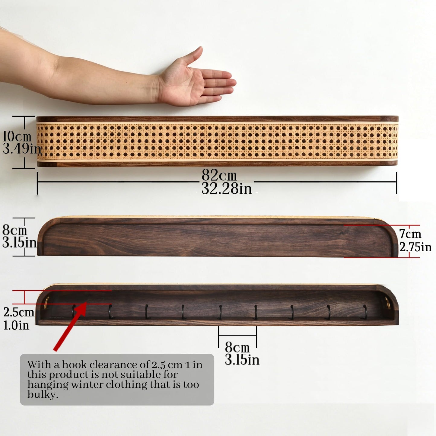 Shamgzuu Coat Rack wall Mount,Rattan Design with Shelf Hidden Hooks, Rustic Perchero De Pared, Entryway Hooks, Key Towel Dog Leashe Jacket Hanger Wall Mount, Walnut (9 Hook 32.28"*3.15"*3.94")