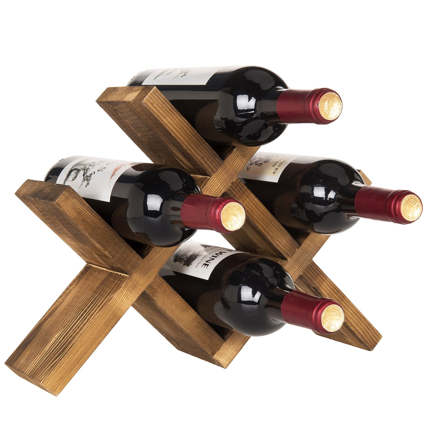 MyGift 4-Bottle Rustic Brown Wood Wine Rack for Countertop - Brushed Country Rustic Style, Compact Storage for Kitchen, Bar, Dining Room (Holds 750ml Bottles)