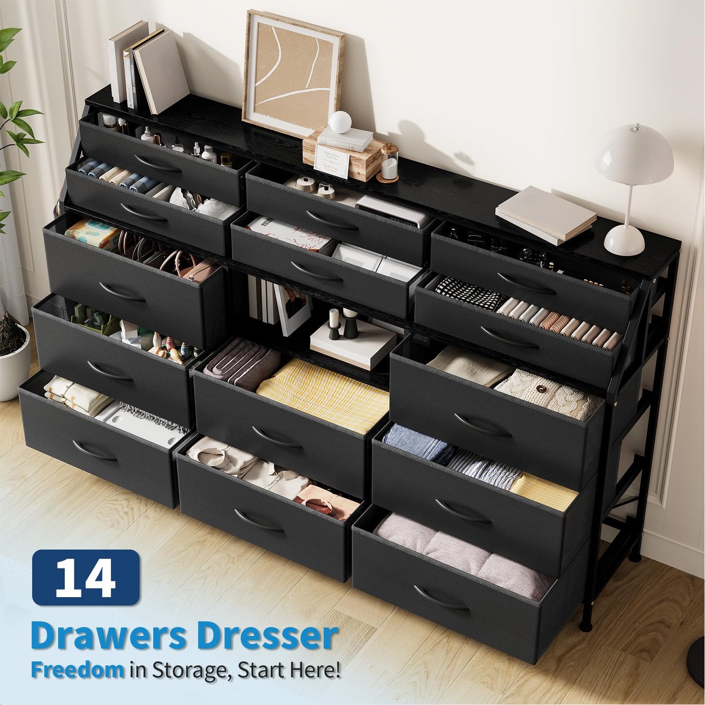 GarveeHome Dresser for Bedroom with 14 Drawers, 55 in W Dresser with Side Pocket, Fabric Dressers & Chests of Drawers with Shelves, Sturdy Frame, Wood Top