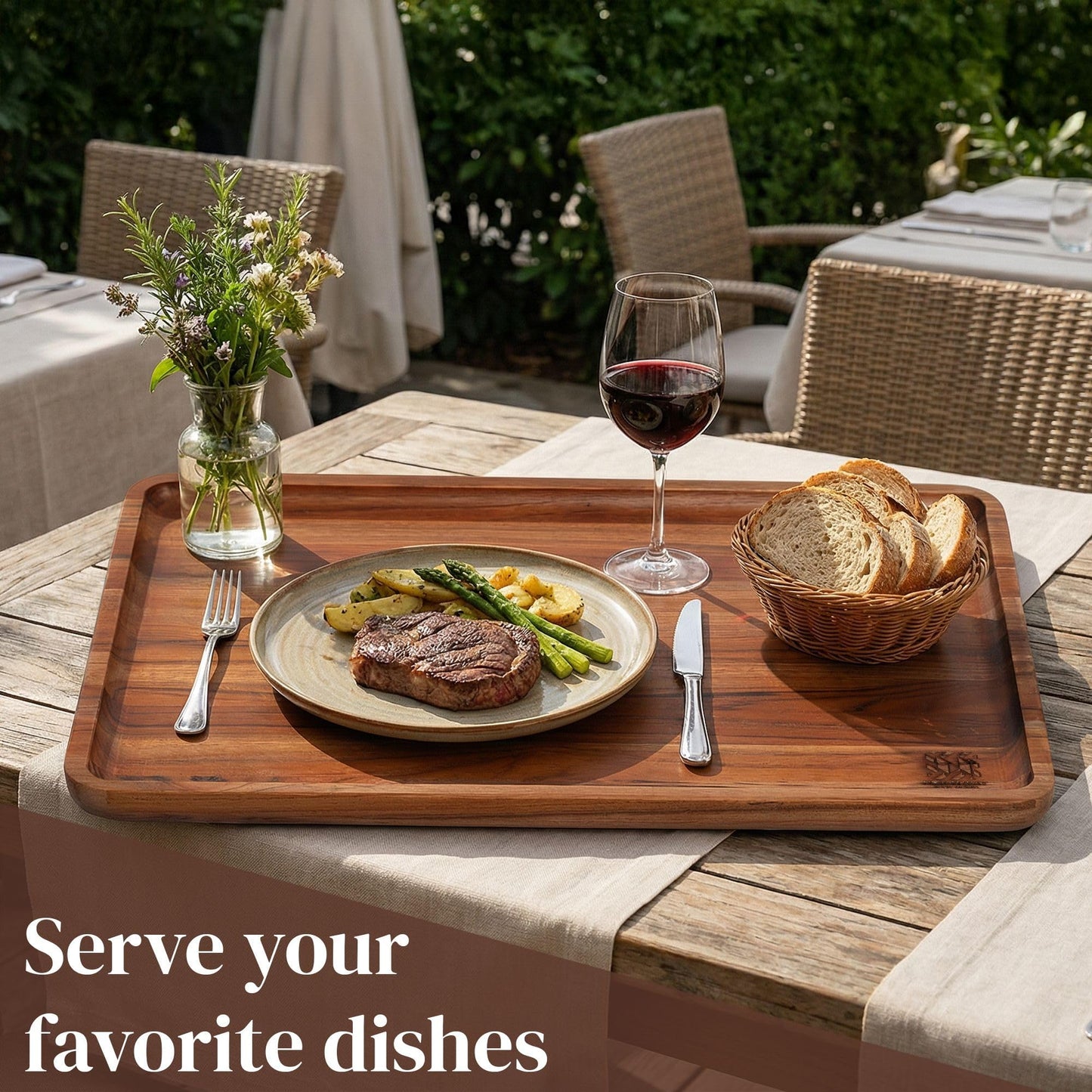 Premium Natural Teak Wood Medium Rectangular Serving Tray – Solid Wooden Display & Drink Tray 15.75 x 11.02 x 0.79 Inch with Raised Rim – Coffee, Wine, Food & Entertaining Tray for Kitchen & Home