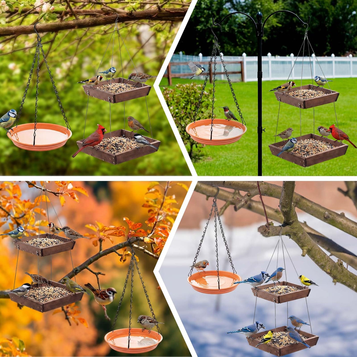 Ferrochef 2 Tier Large Platform Cedar Bird Feeders with Round Hanging Birds Watering Tray, Bird Bath, Wooden Mesh Seed Tray Platform for Outdoors Garden Decor, for Cardinal Blue Jay