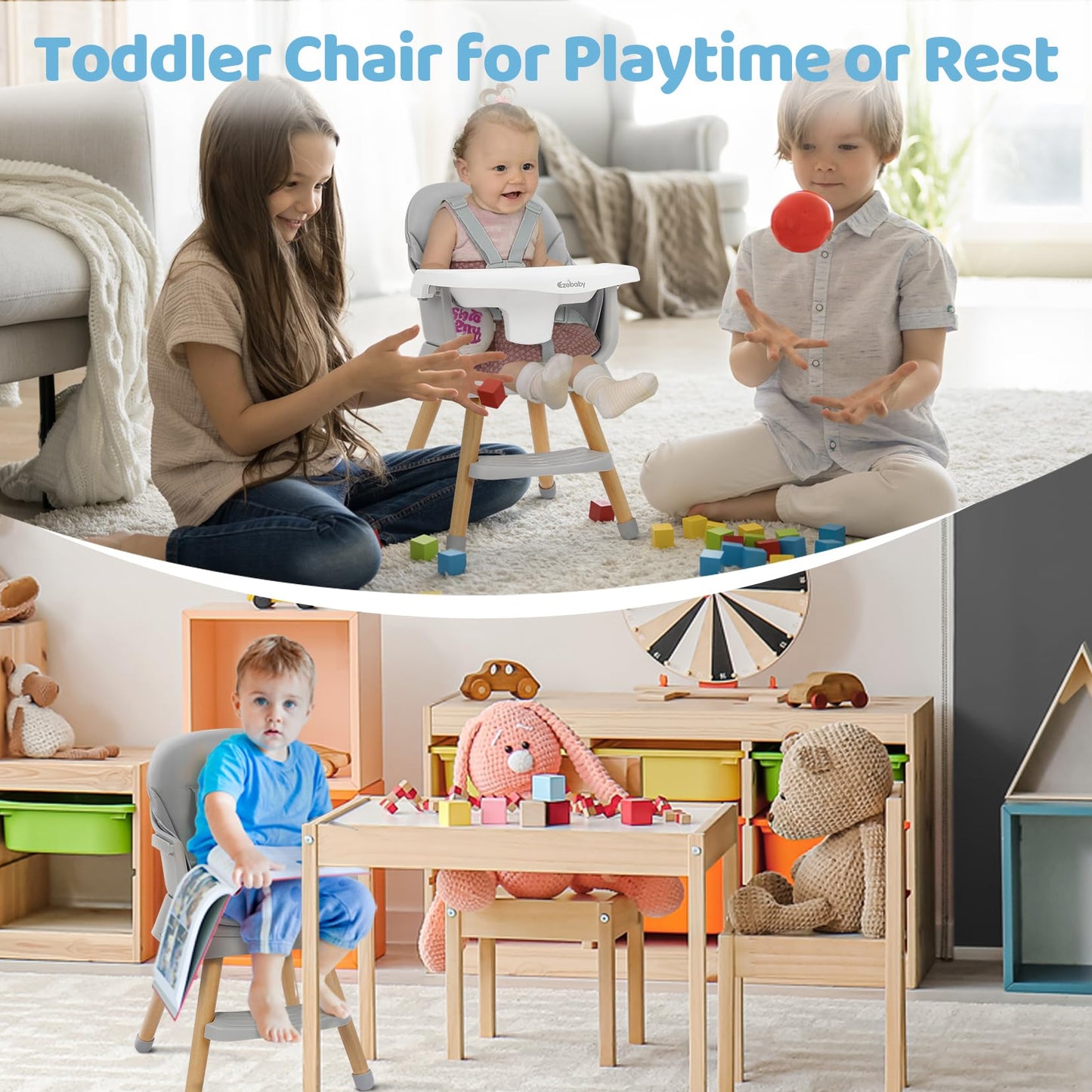 Ezebaby 6 in 1 Wooden High Chairs for Babies and Toddlers, Convertible Portable High Chair, Booster Seat for Dining Table,Toddlers Chair with Adjustable Legs & Dishwasher Safe Tray