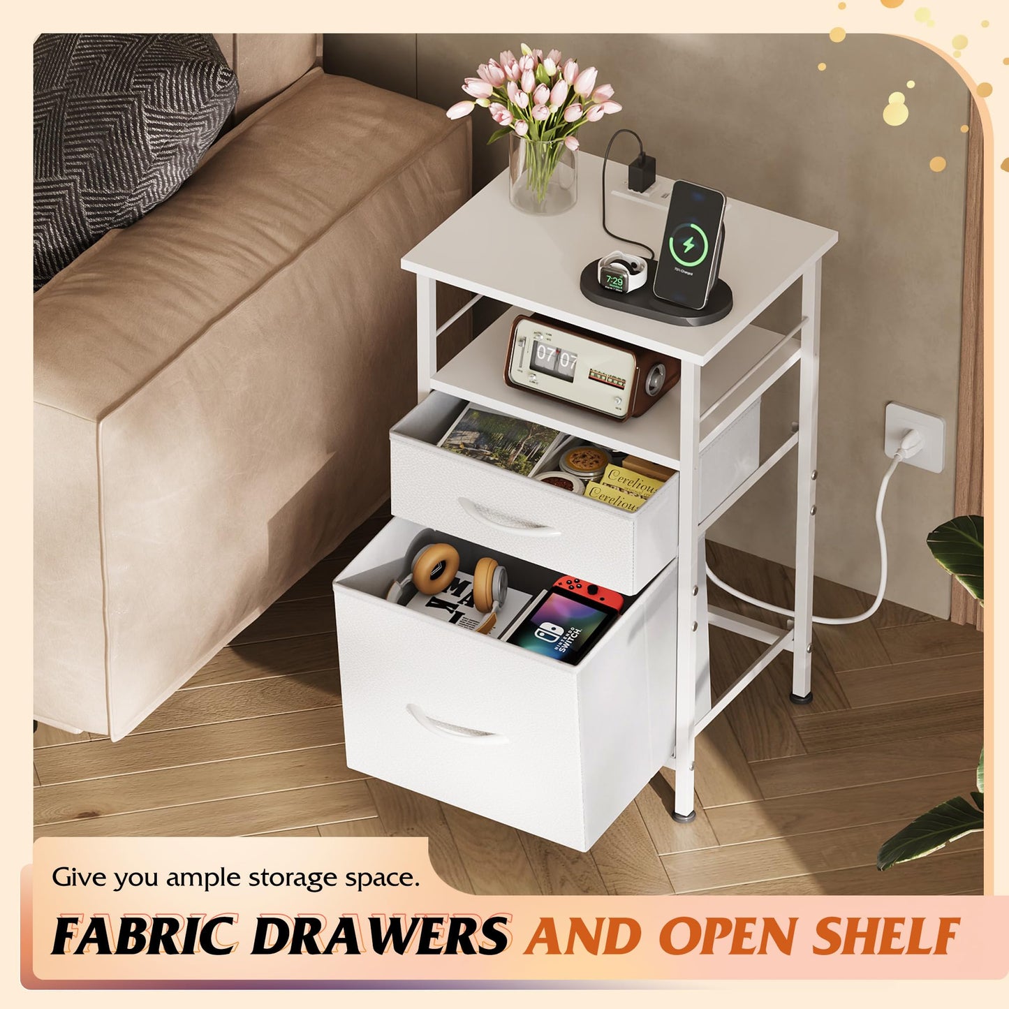 WLIVE 9-Drawer Dresser & Nightstands for Bedroom Set of 2, Organizer Unit for Bedroom with Fabric Bins, Steel Frame, Wood Top, Easy Pull Handle, White