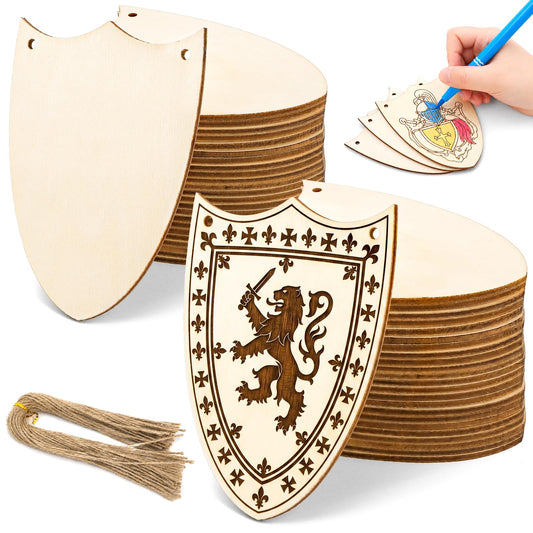 Dicunoy 50 Pieces Wooden Shield, 4 Inch Unfinished Wooden Tags Cutouts for Crafts, Wood Shield Blank Hanging Ornament with Hemp Ropes for Knight Party Favor DIY Gift Home Decor