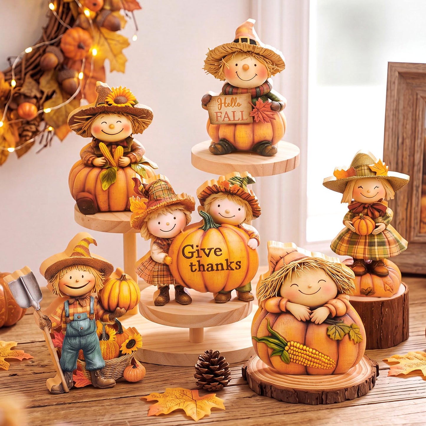 Vicenpal 6 Pieces Fall Decor Wooden Scarecrow Pumpkin Figurines Rustic Autumn Harvest Tabletop Decoration for Thanksgiving Home Kitchen Centerpiece, Shelf Sitter Holiday Display