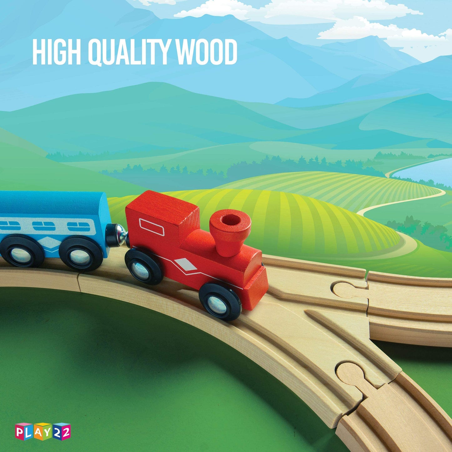 Wooden Train Tracks - 52 PCS Wooden Train Set + 2 Bonus Toy Trains - Train Sets For Kids - Car Train Toys Is Compatible With Thomas Wooden Railway Systems and All Major Brands - Original - By Play22