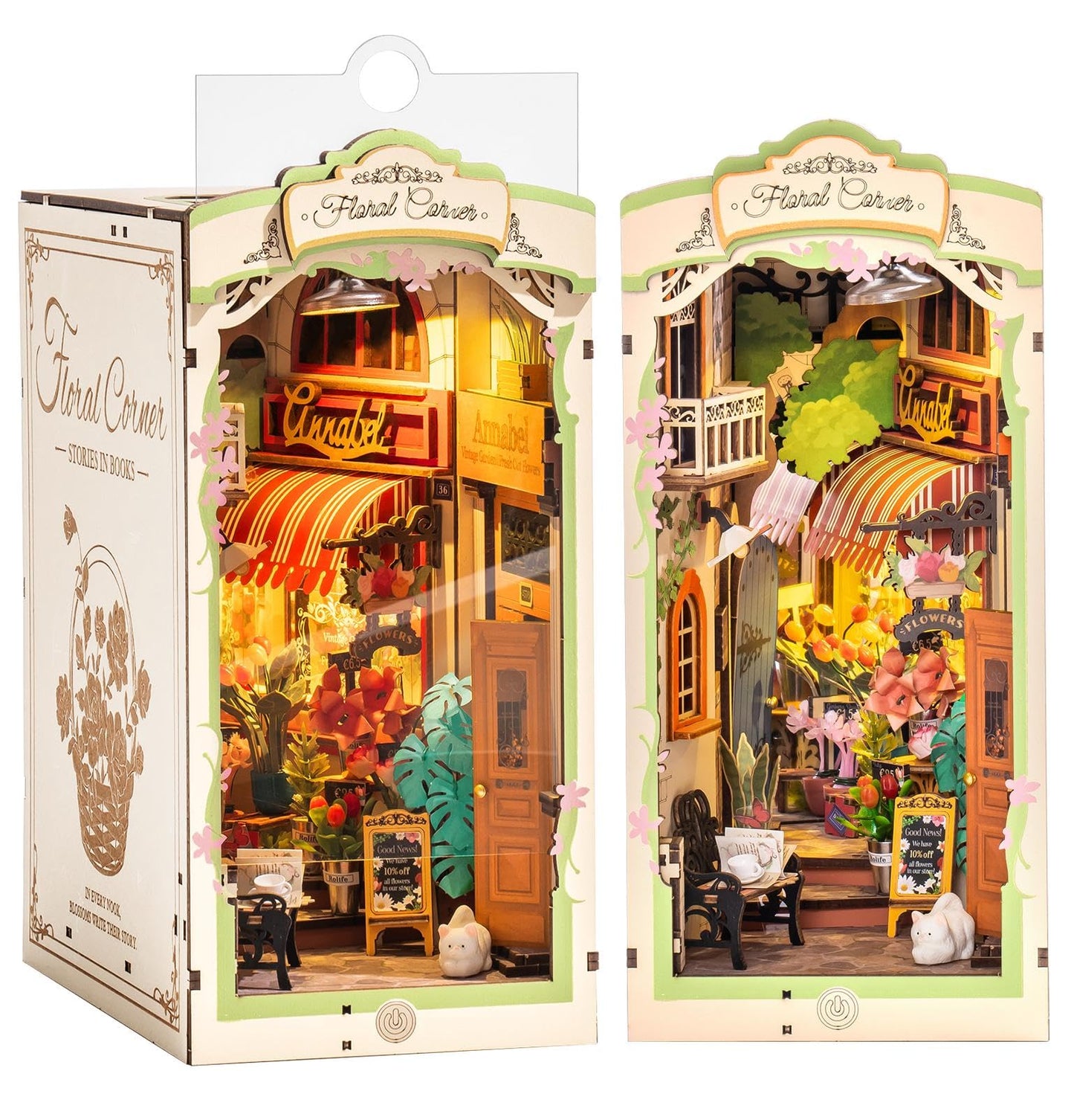 Rolife DIY Book Nook Kits for Adults, Miniature Dollhouse Booknook Kit for Home Room Decor, 3D Wooden Puzzle with LED, Flower Corner Creative Bookends Bookshelf Diorama Insert