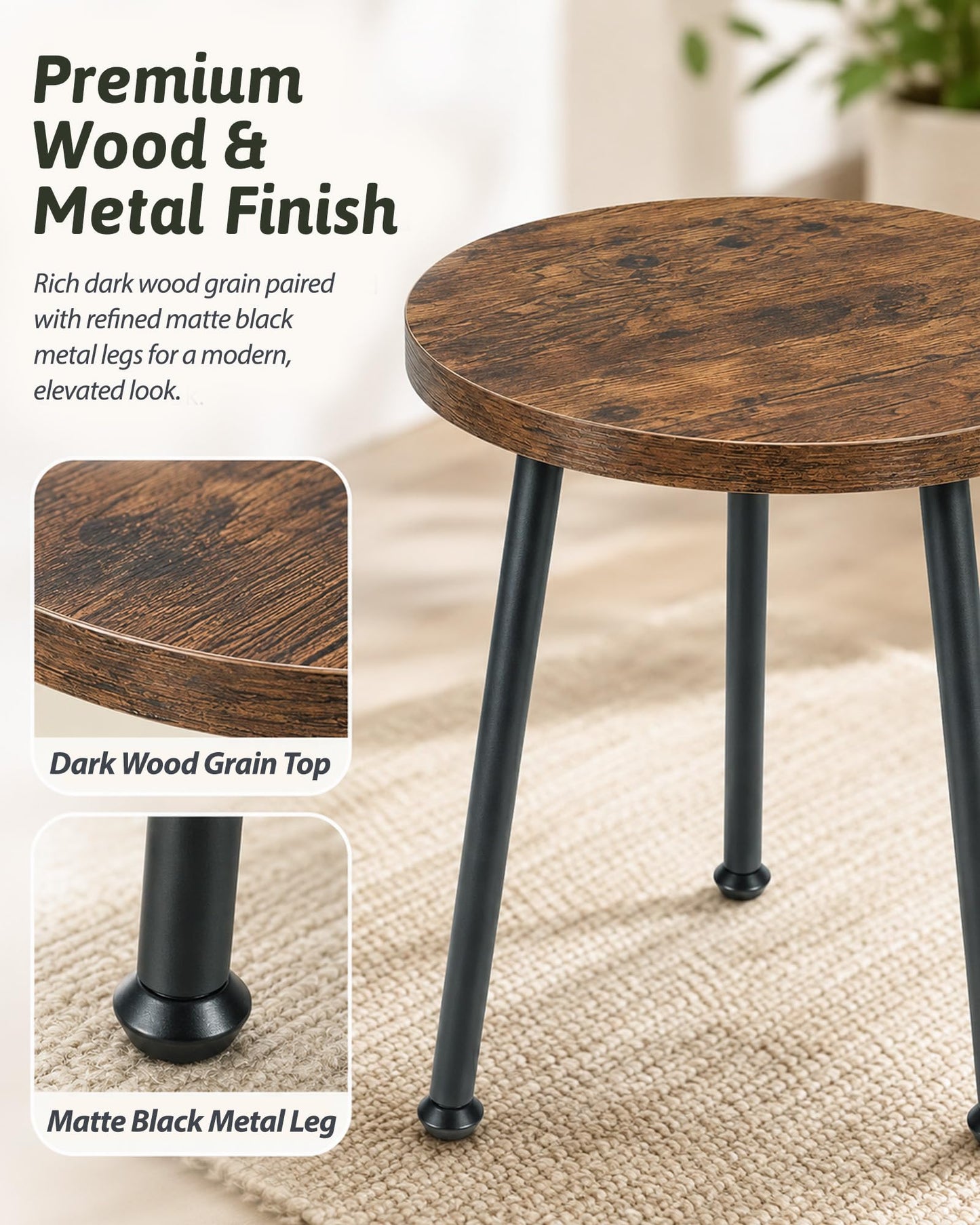 GENTINGBRO 5 Pack Wood Plant Stands Indoor, Round Plant Stool Set with Iron Legs, Heavy Duty Plant Stand Table, Wood and Metal Flower Pot Stand for Living Room, Bedroom, Balcony, Brown/Black