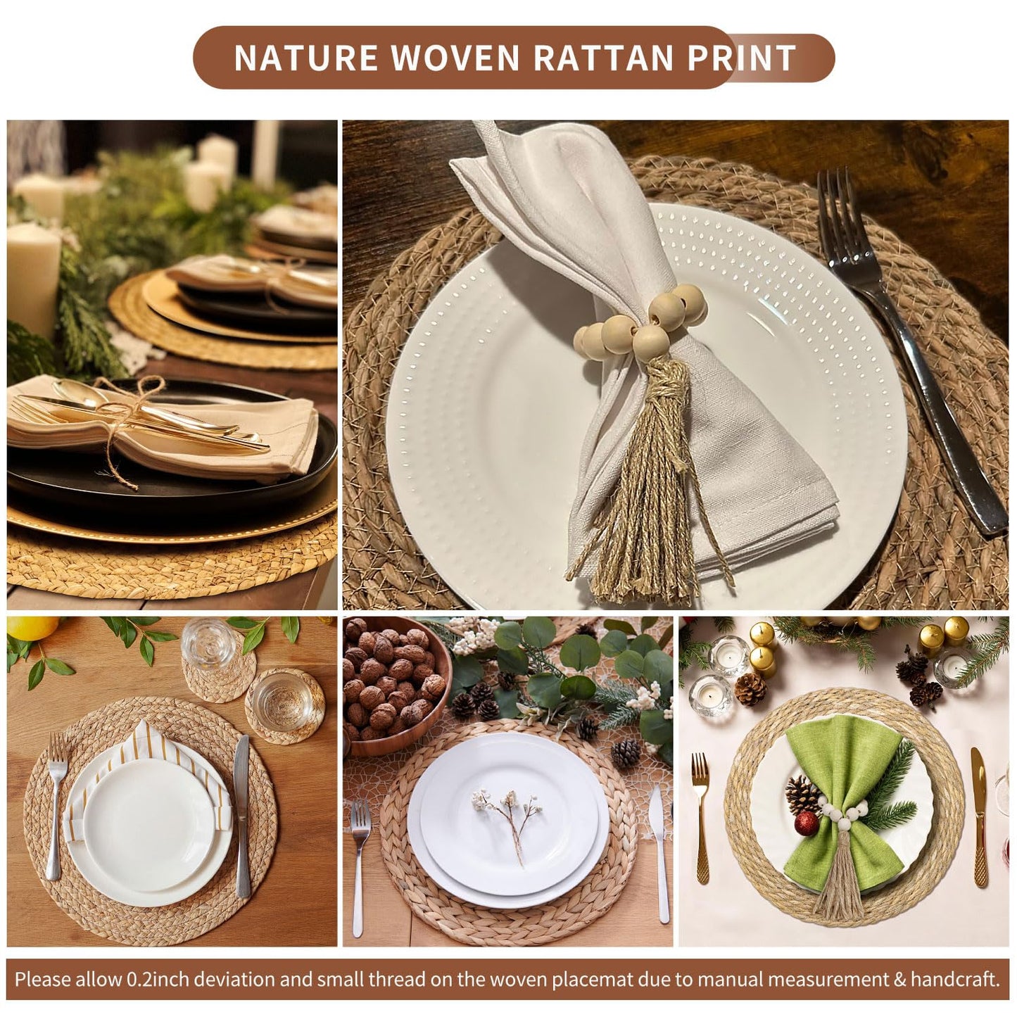 LIANJINGDENG Woven Placemats Set of 6, 13.8 Inch Round Natural Water Hyacinth Rattan Placemats with Wooden Beads Napkin Rings for Farmhouse Dining Table Decor, Thanksgiving Halloween Christmas
