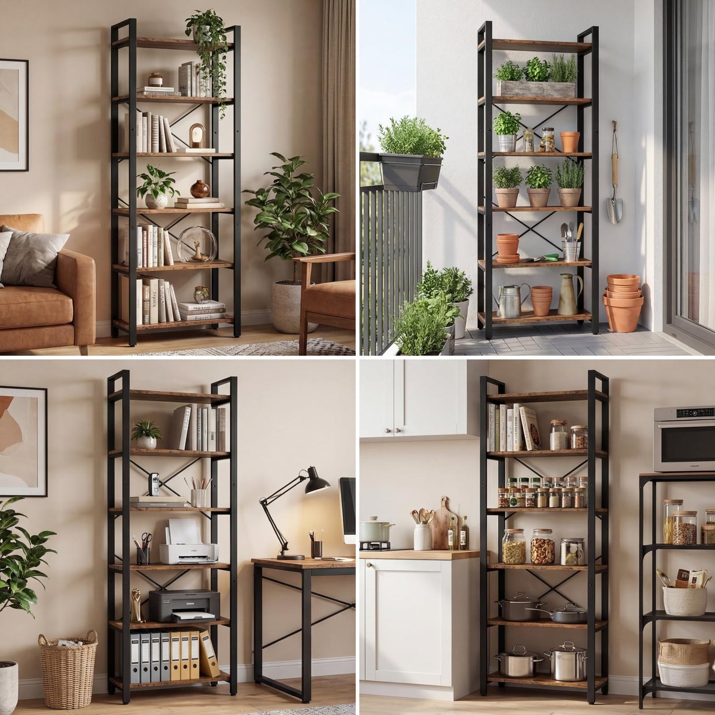IRONCK Bookshelf 6-Tier Ladder Shelf 110lbs Display Shelf Vintage Industrial Style Bookcase for Home Office, Living Room