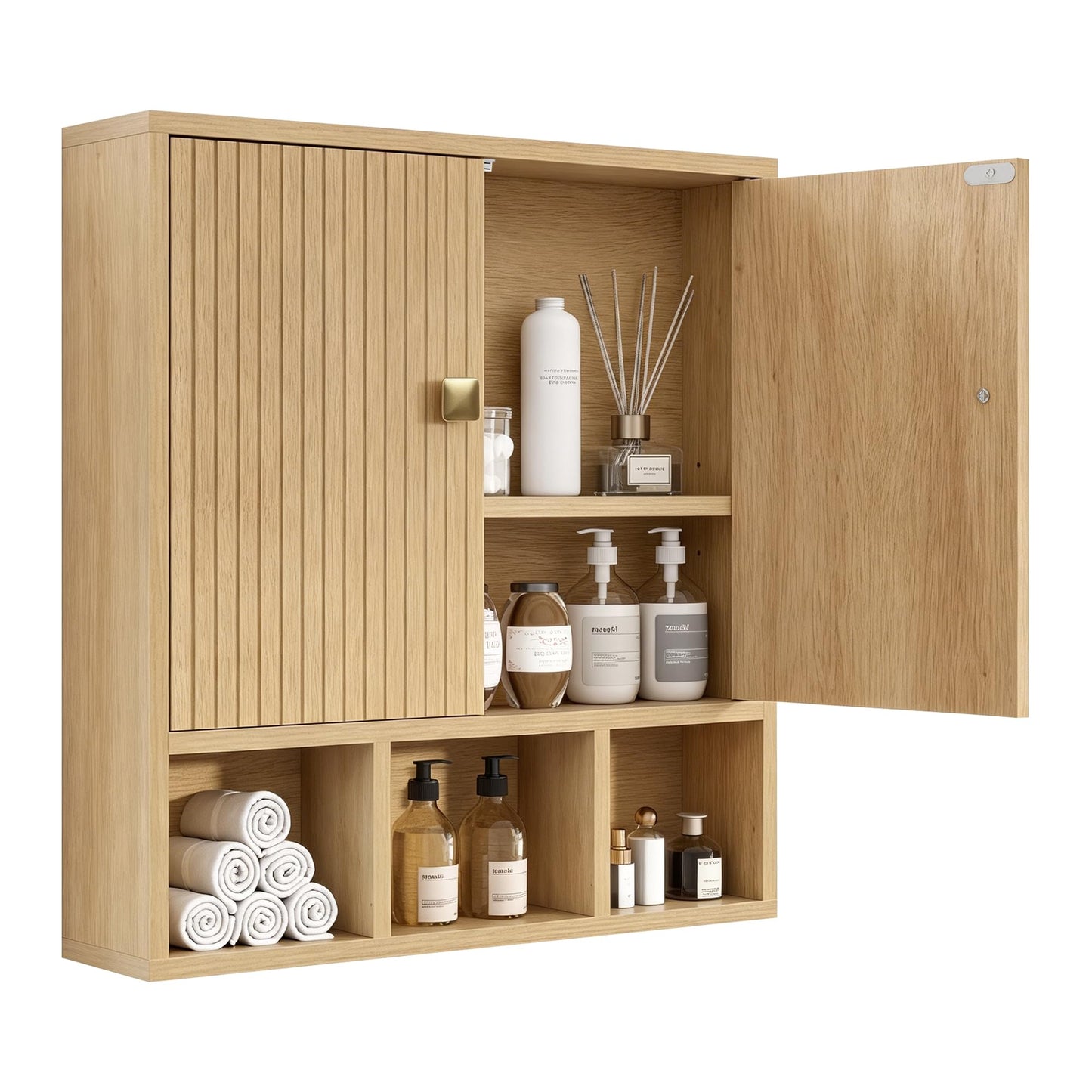 Tltaroni Bathroom Wall Cabinet,Wooden Medicine Cabinet with Fluted Doors Over The Toilet Storage Cabinet with Adjustable Shelf for Bathroom,Wood