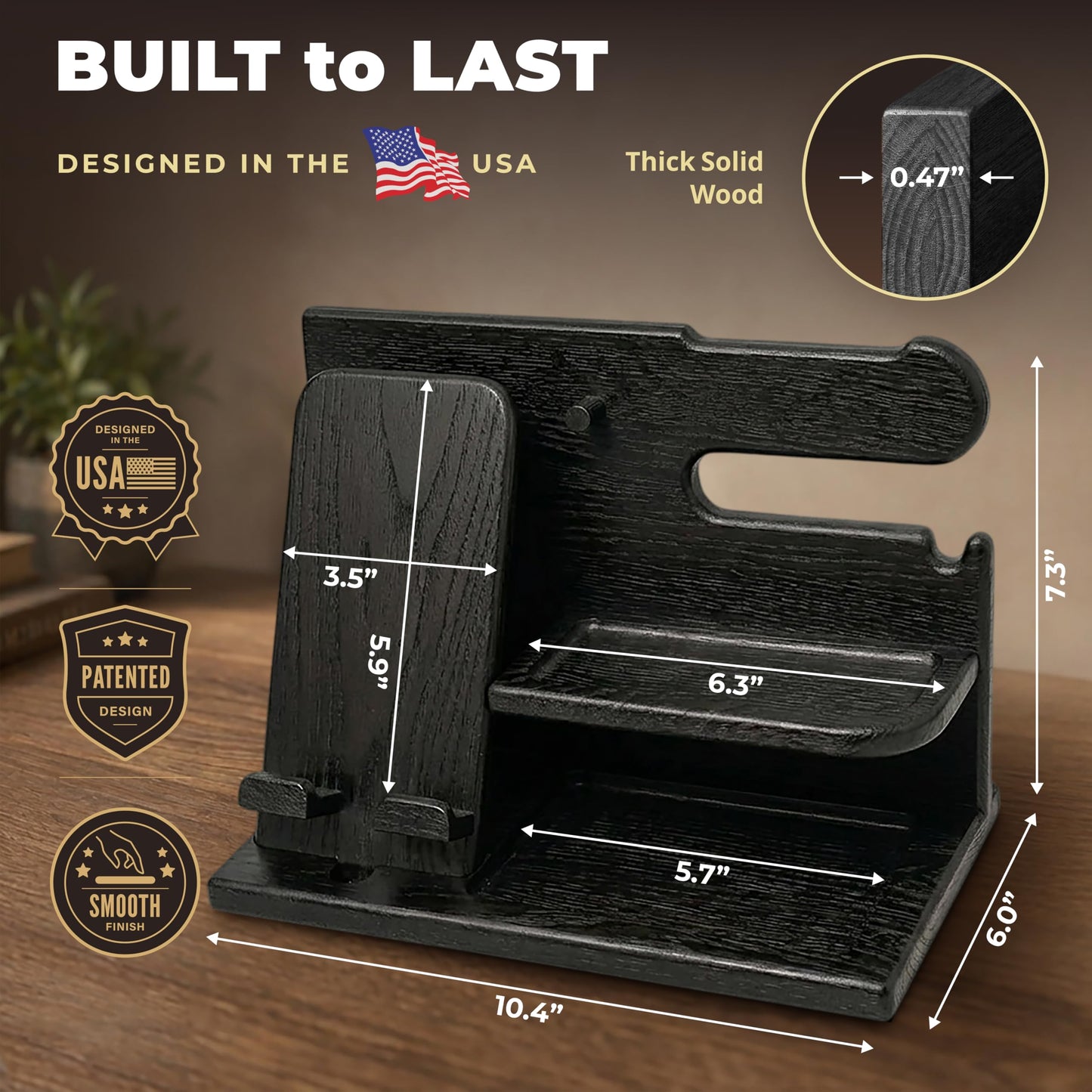 TESLYAR Wood Phone Docking Station for Men - Desk or Nightstand Organizer - Birthday Gifts for Husband, Dad - Anniversary Idea from Wife - Key Holder, Stand Wallet, Watch & Essentials (Granite Black)
